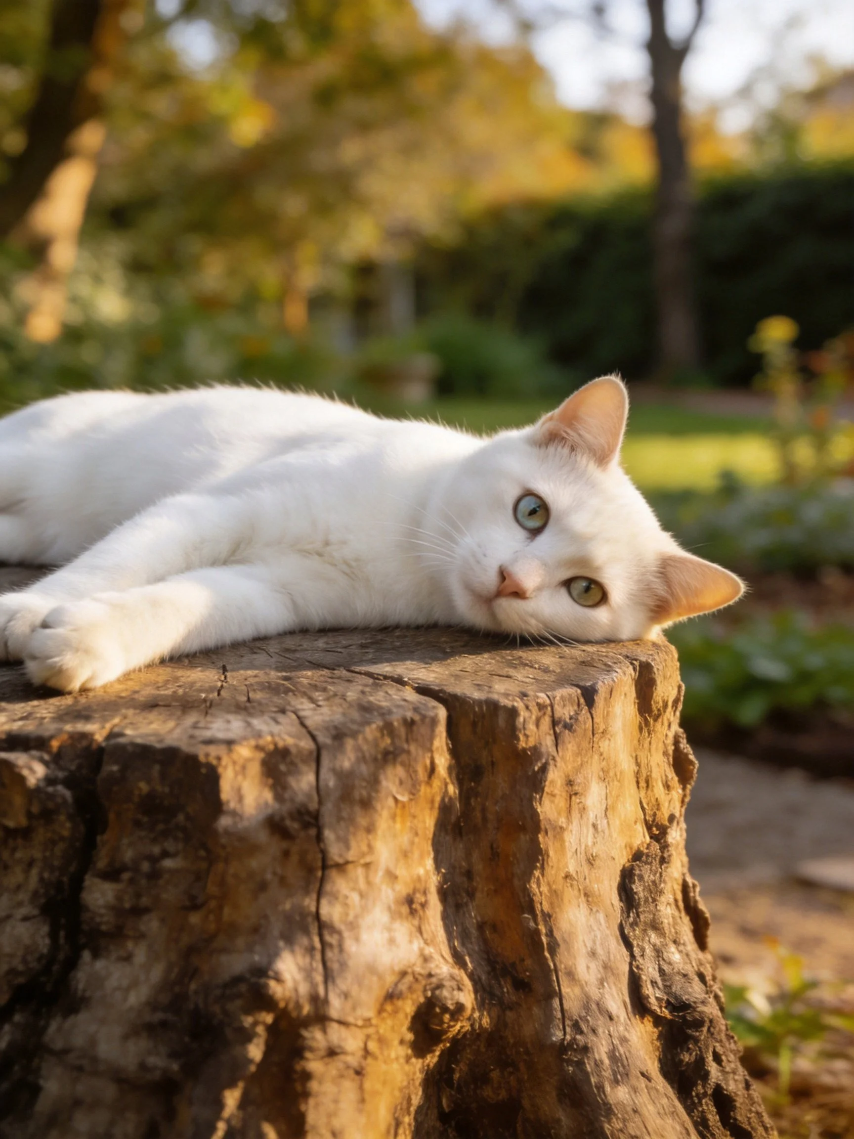 A white cat relaxes on a tree stump in a sunlit garden.