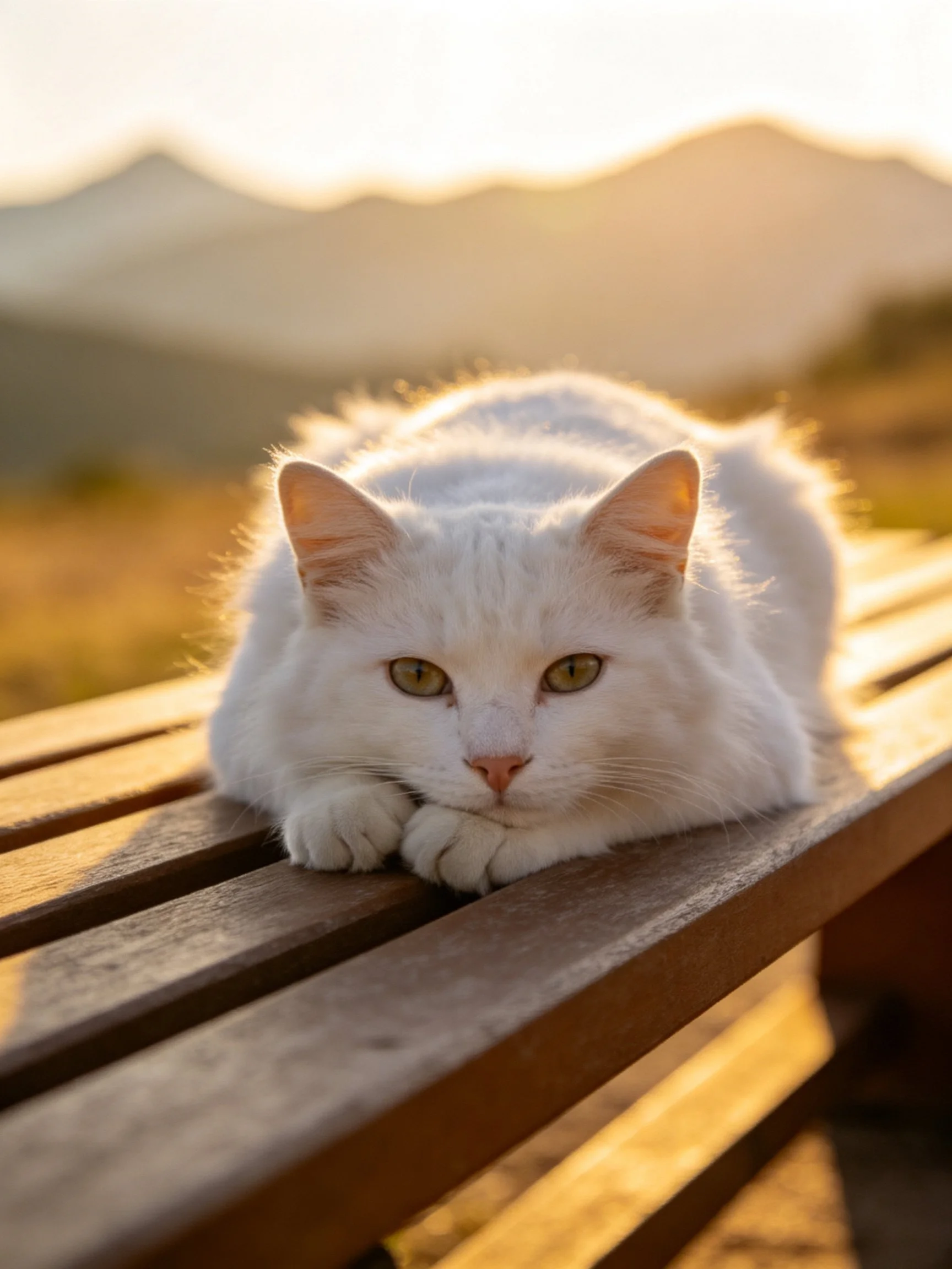 A white cat rests on a wooden bench near mountains in golden light