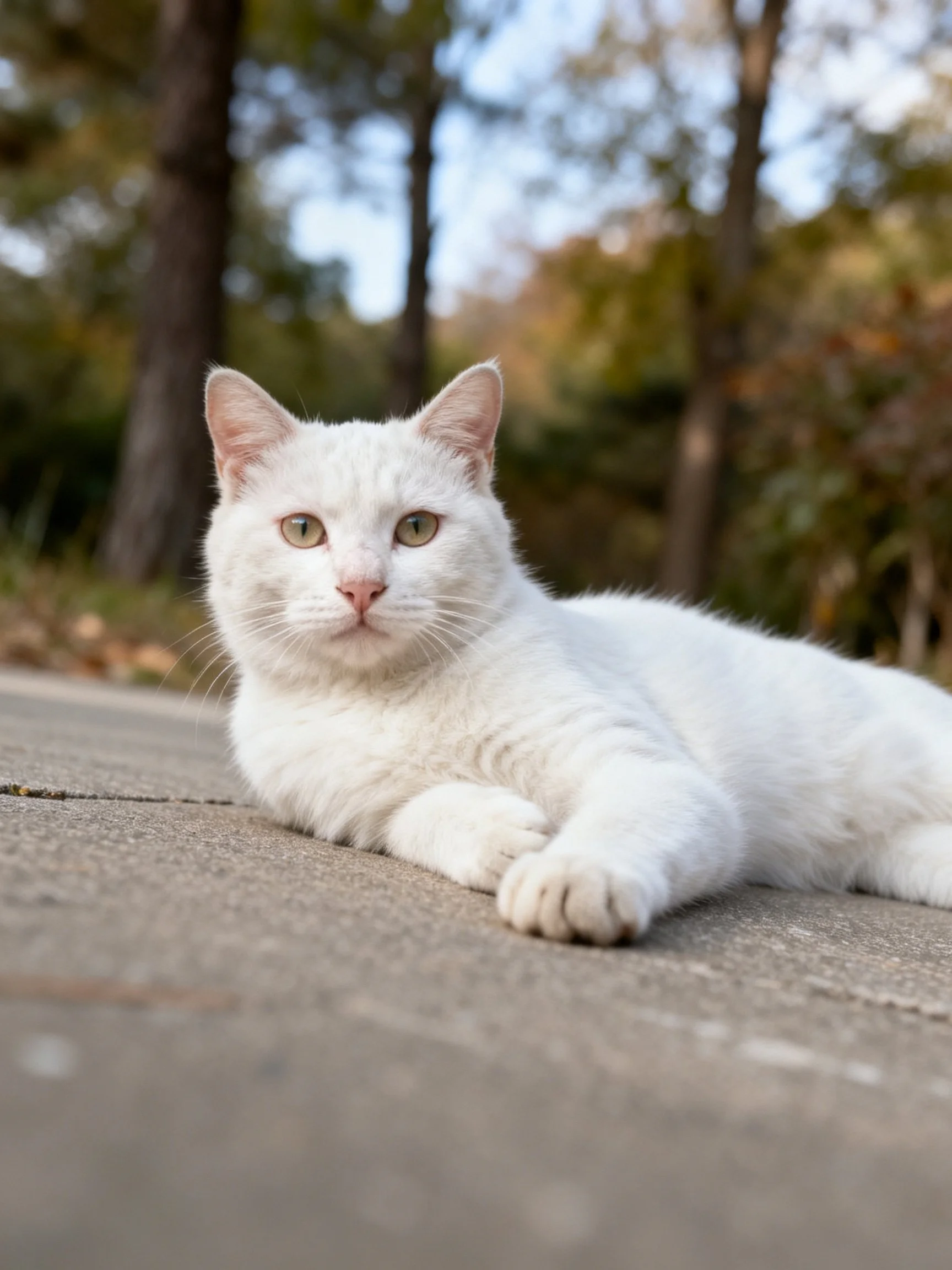 A white cat rests on concrete amid blurred greenery and trees