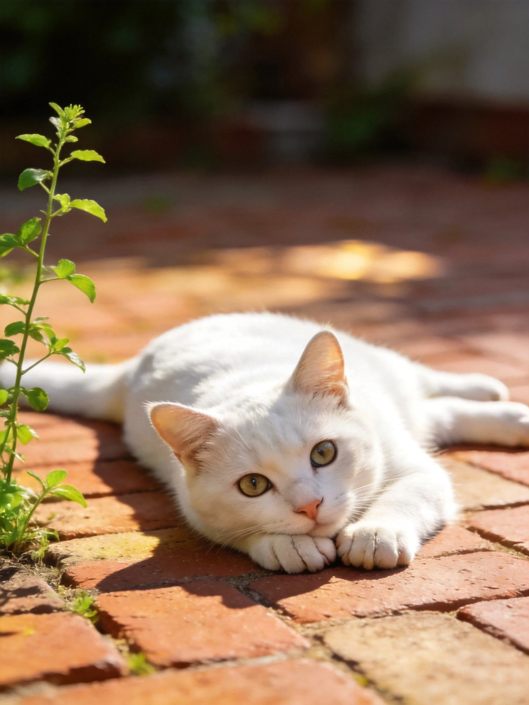 A white cat relaxes on a brick path beside a small green plant in bright sunlight.