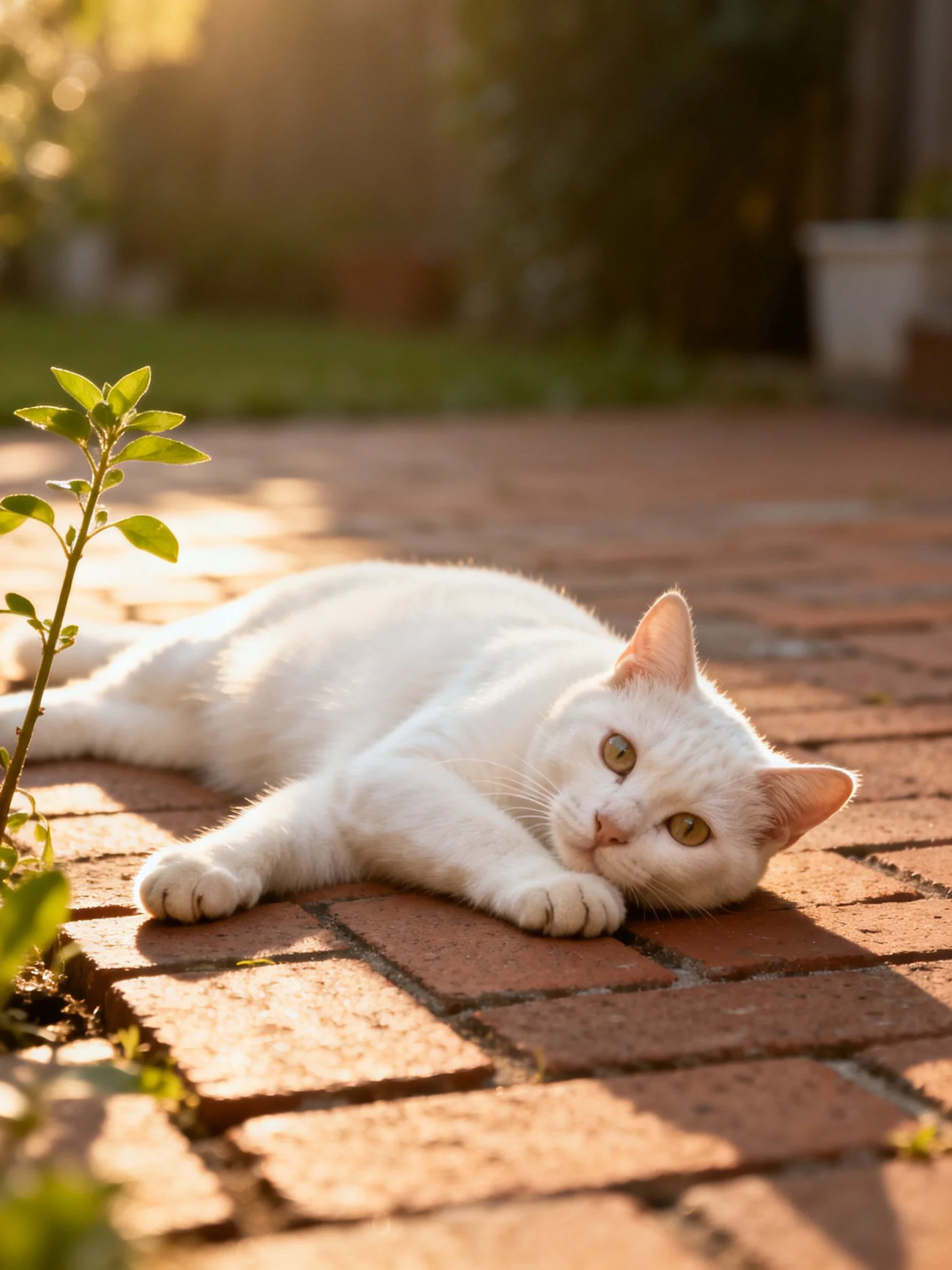 A white cat relaxes on bricklit brick pavement.