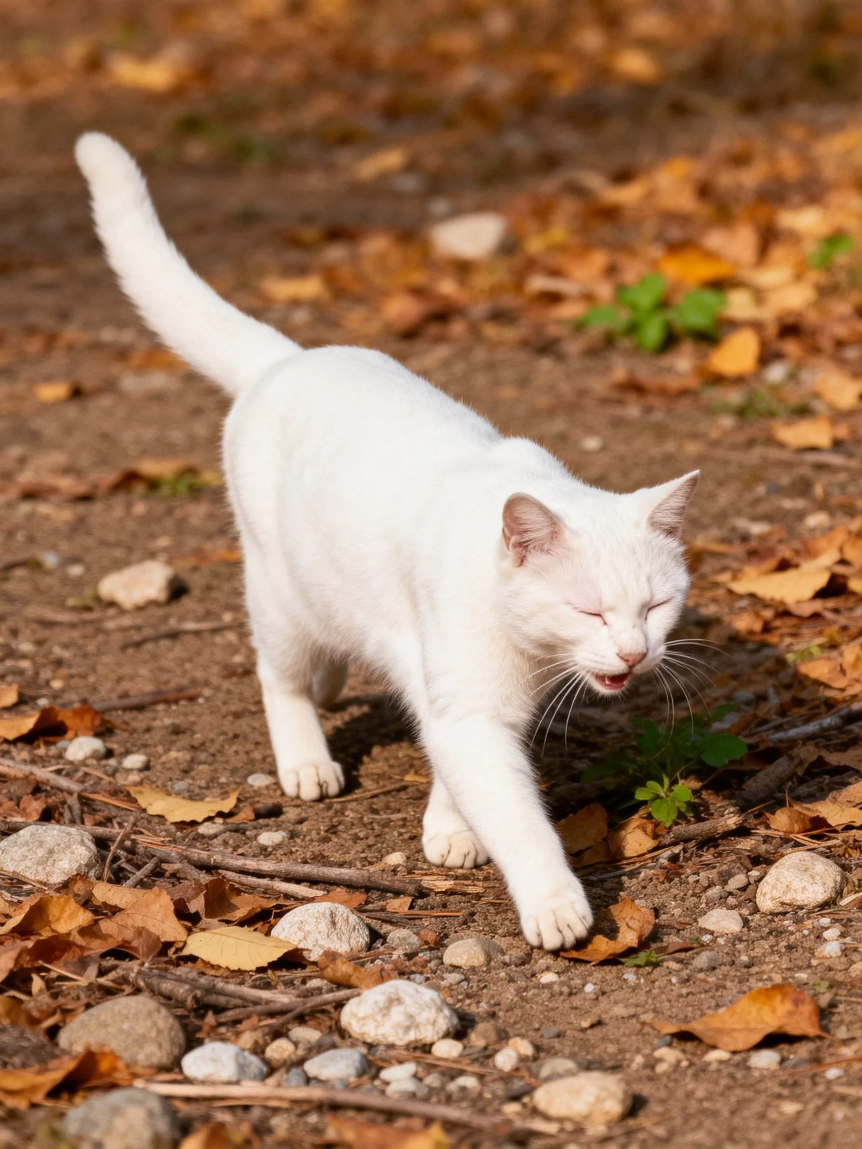 A white cat cautiously explores a leaf-covered dirt path with rocks.