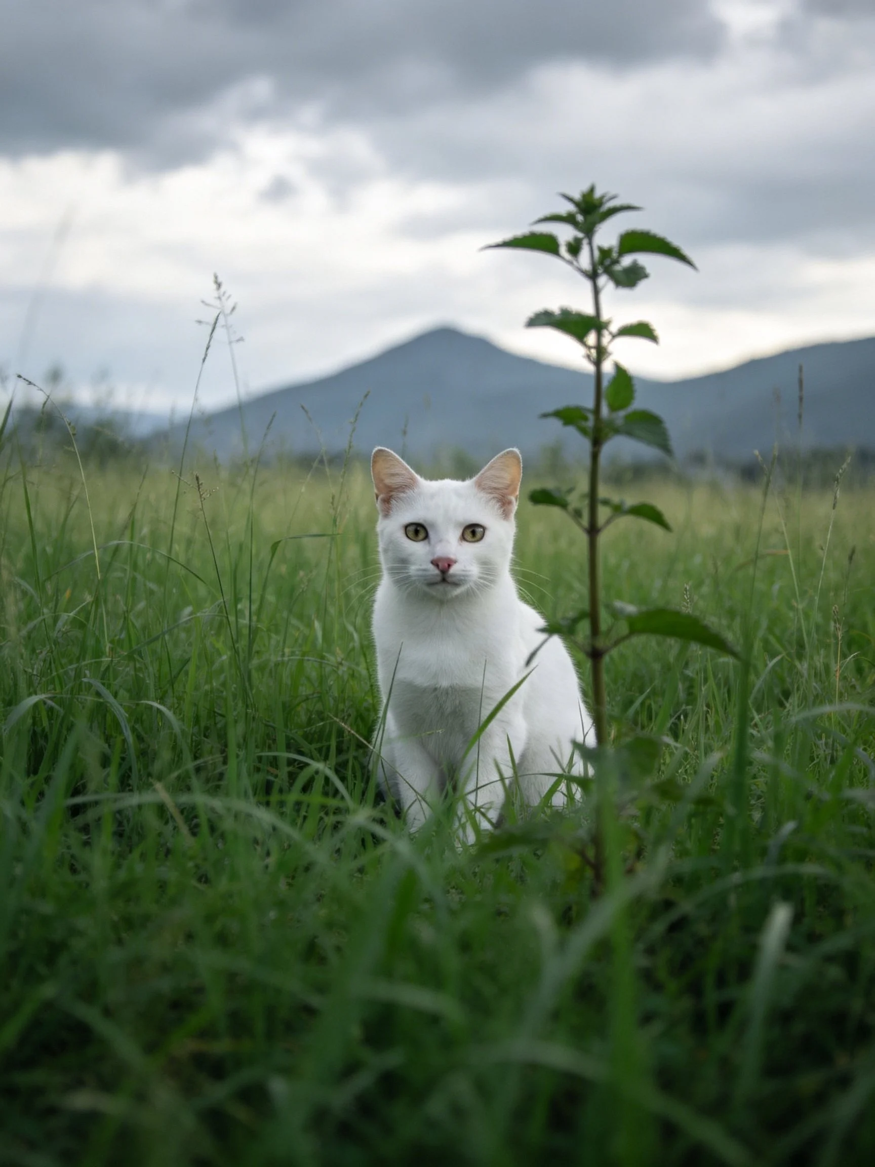 A white cat sits calmly among tall grass with mountains and cloudy skies in the background.