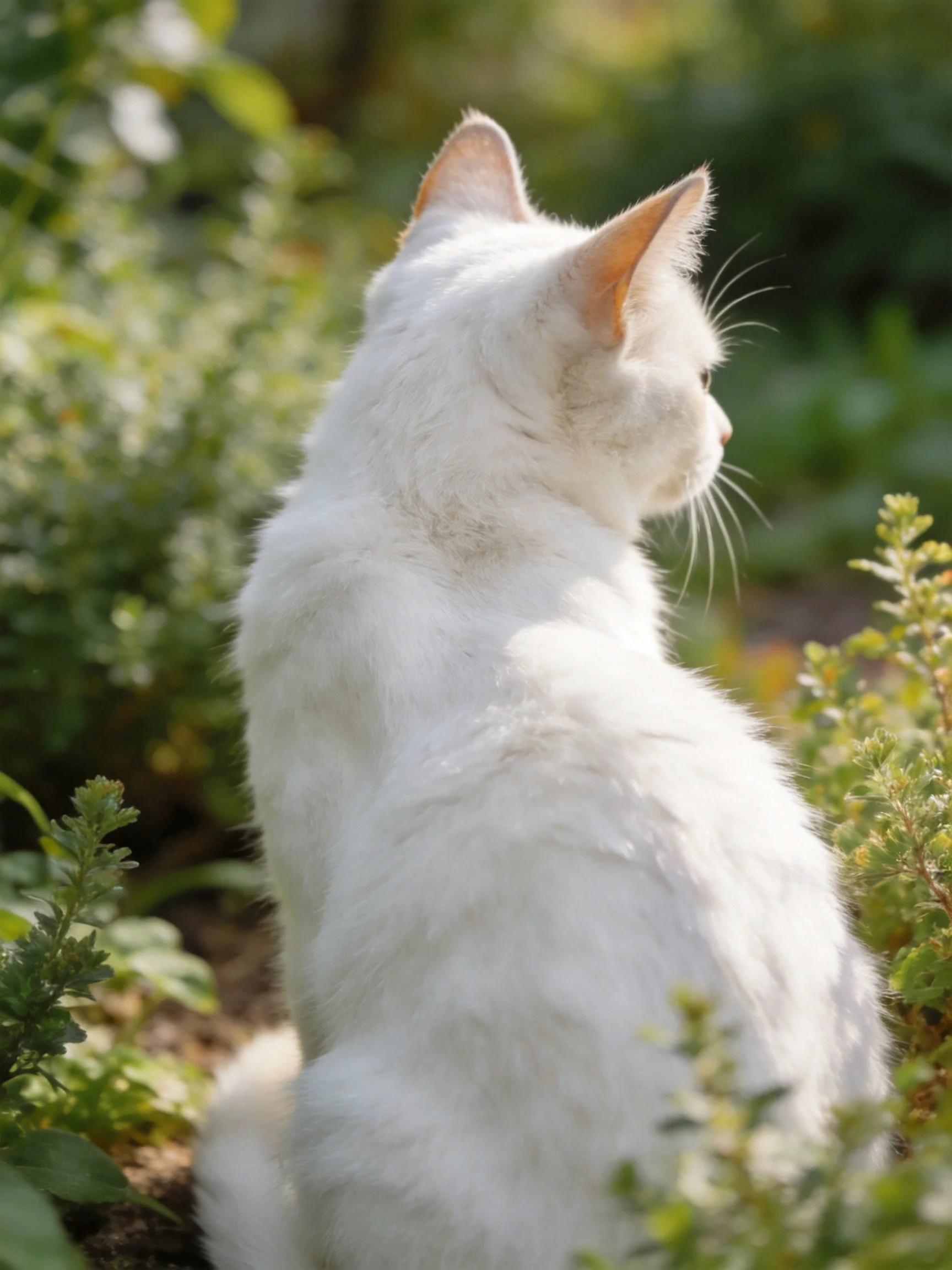 A white cat observes its surroundings in a sunlit garden with greenery.