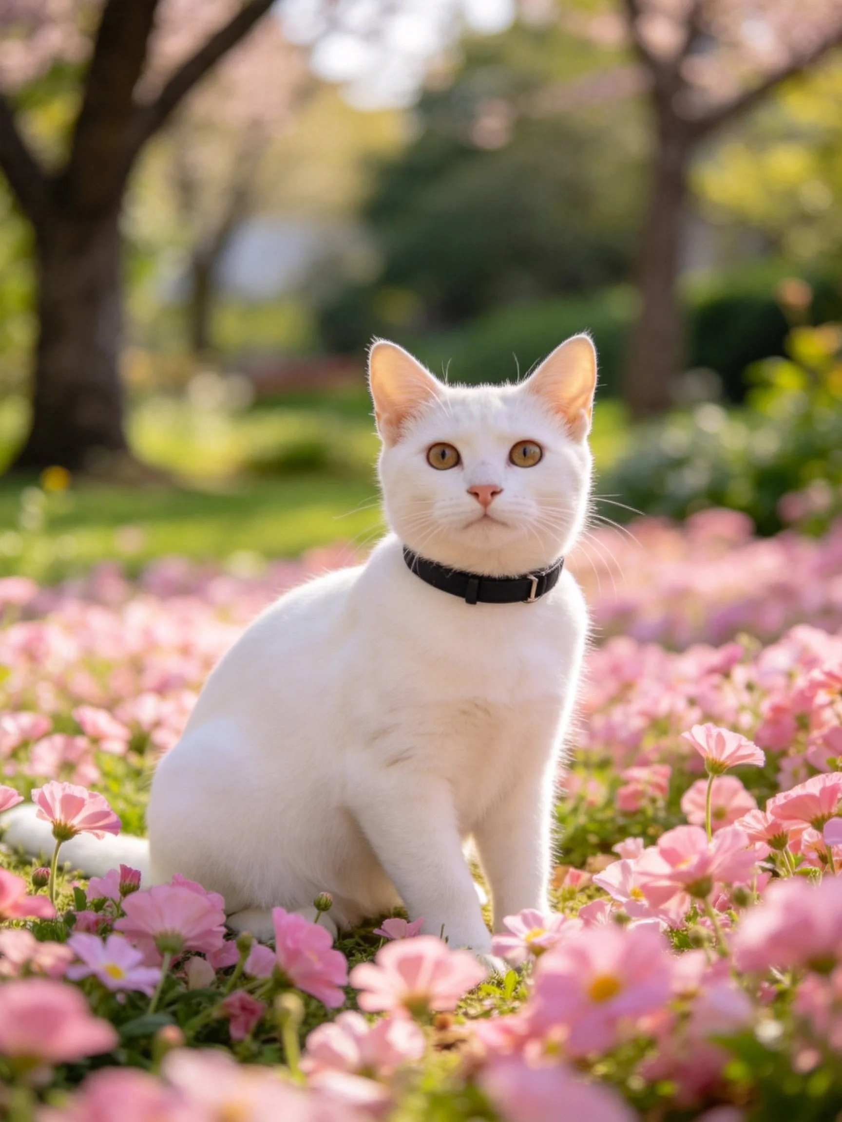 A white cat sits amid pink flowers in a sunlit outdoor setting.