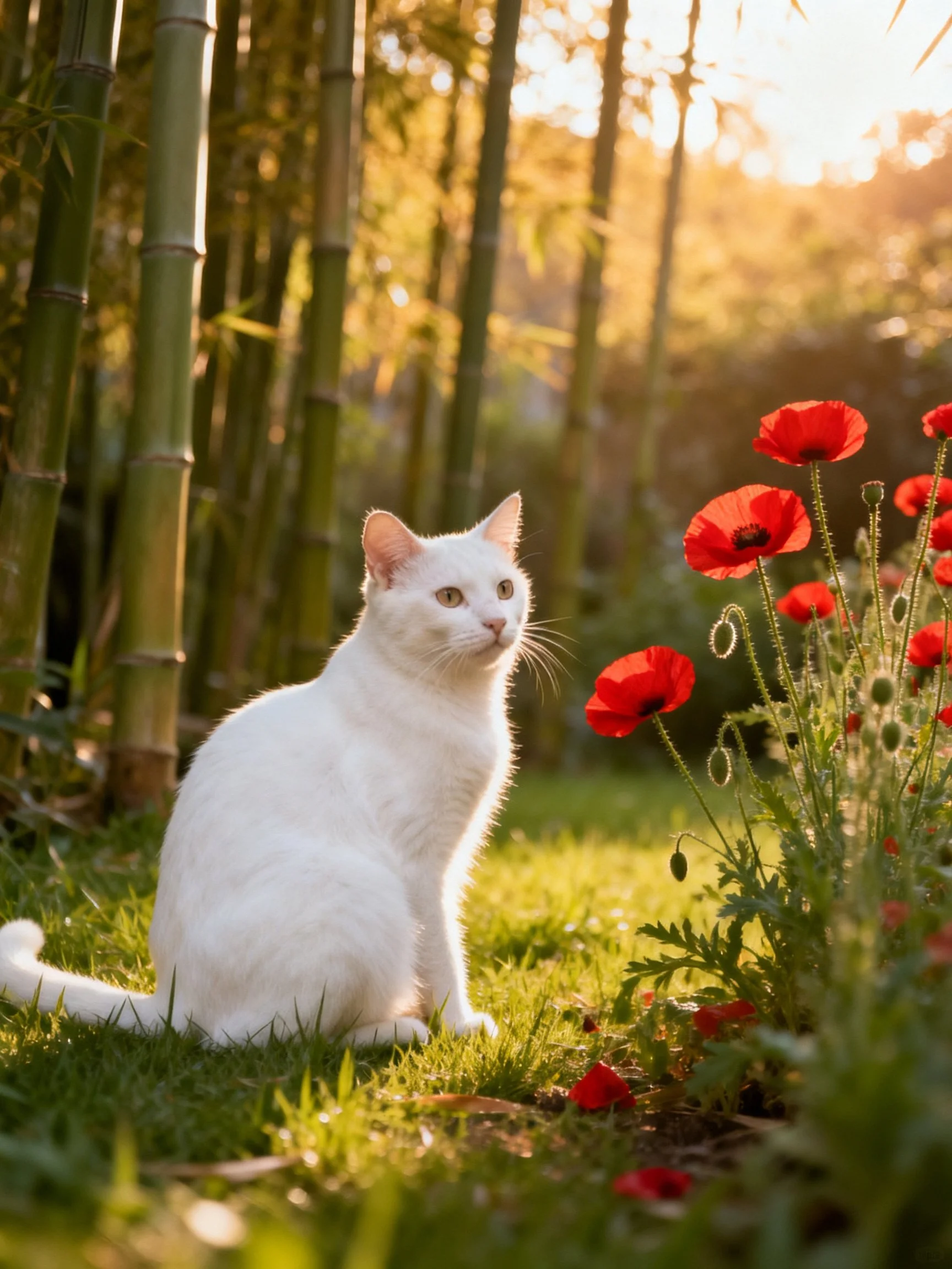 A white cat sits near bright red poppies in a sunlit garden with bamboo.