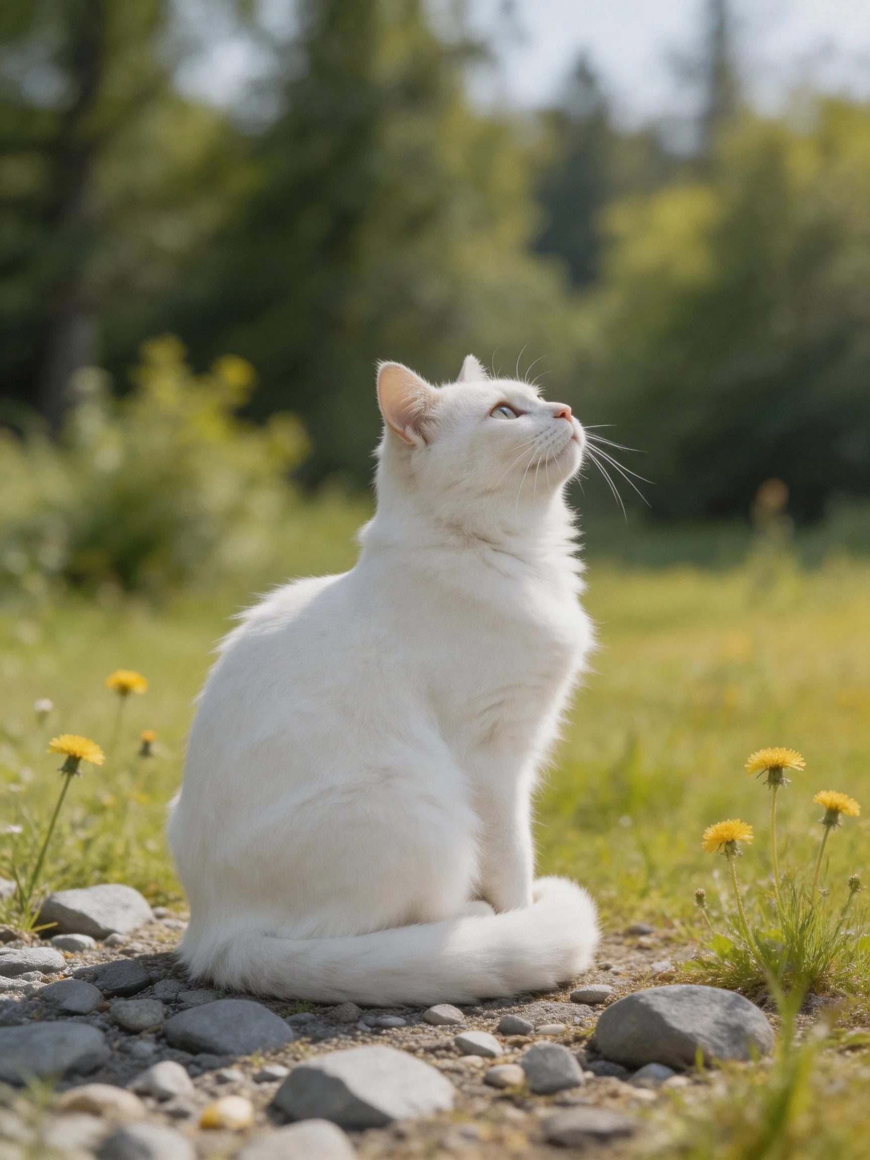 A white cat sits near yellow flowers and gray stones in a sunlit meadow.