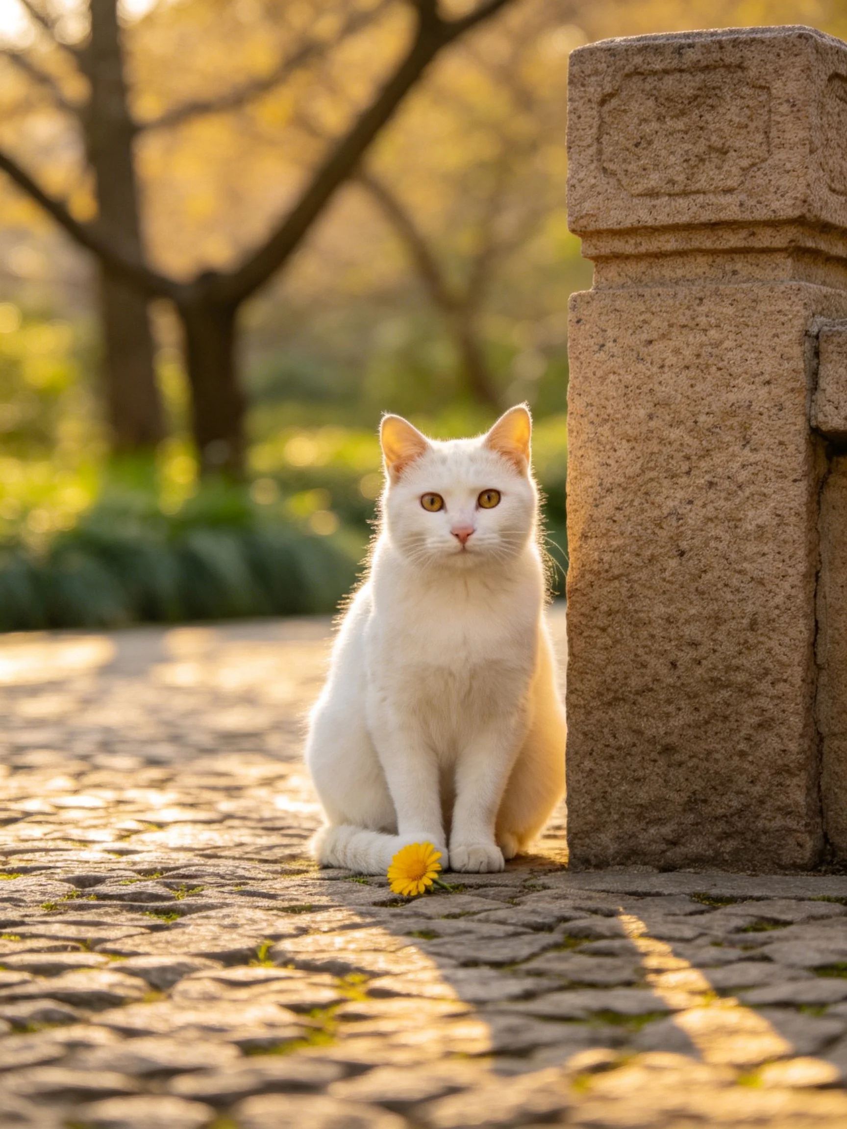 A white cat sits next to a stone structure with a yellow flower nearby on a sunlit path.