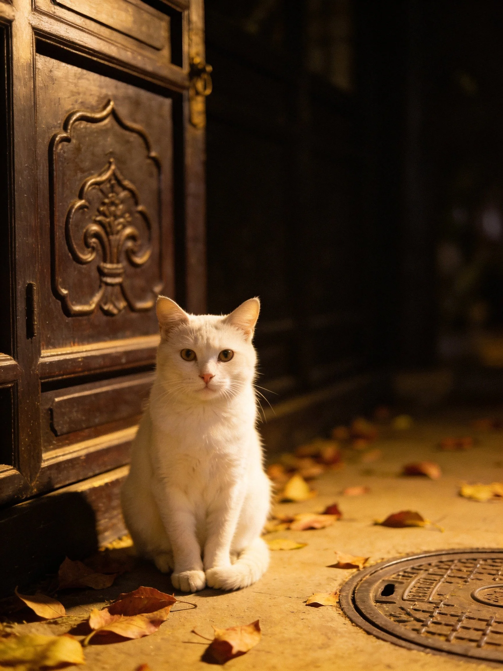 A white cat rests near an ornate dark wood cabinet with scattered autumn leaves.