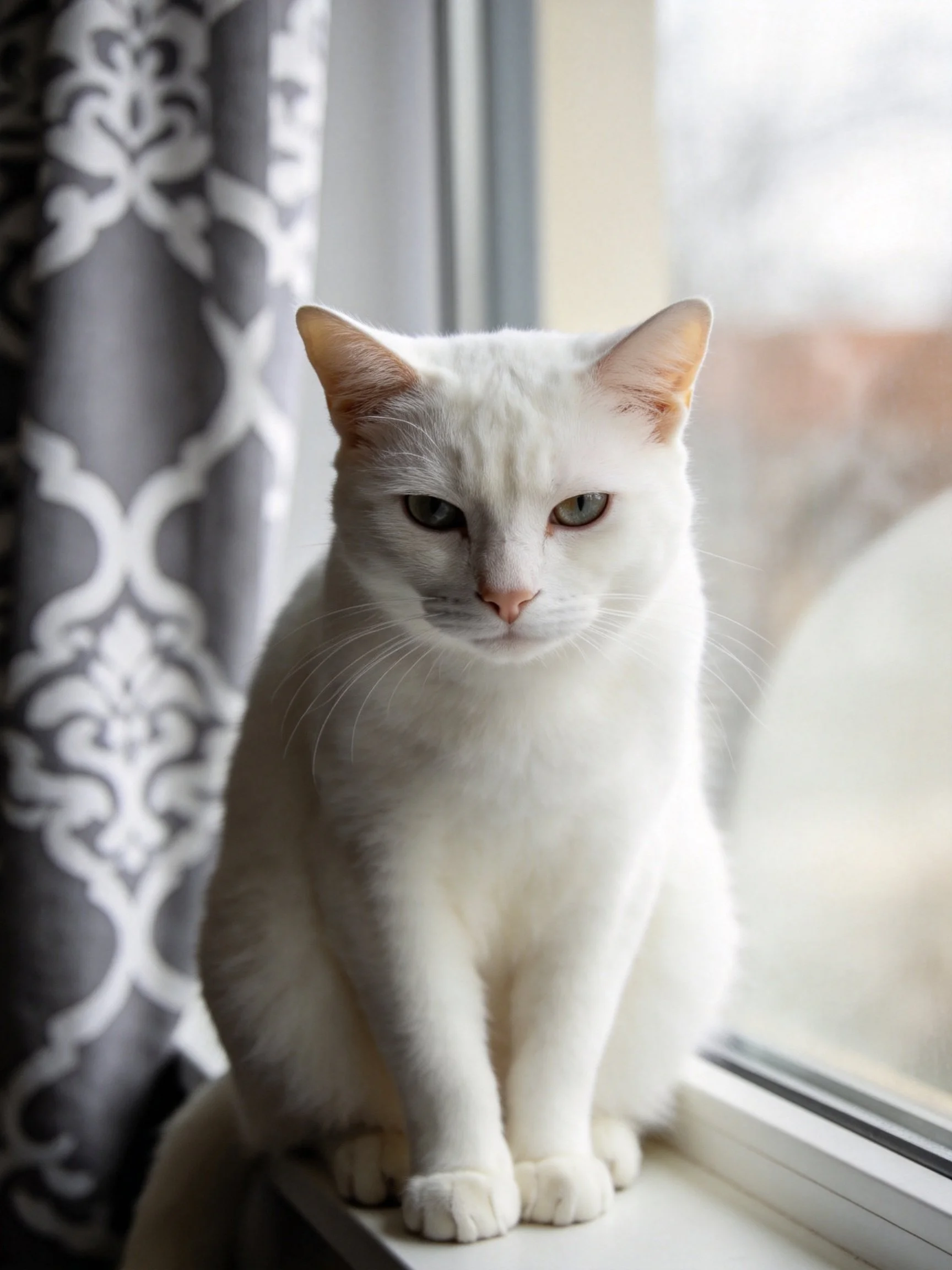 A white cat sits by a window with patterned curtains