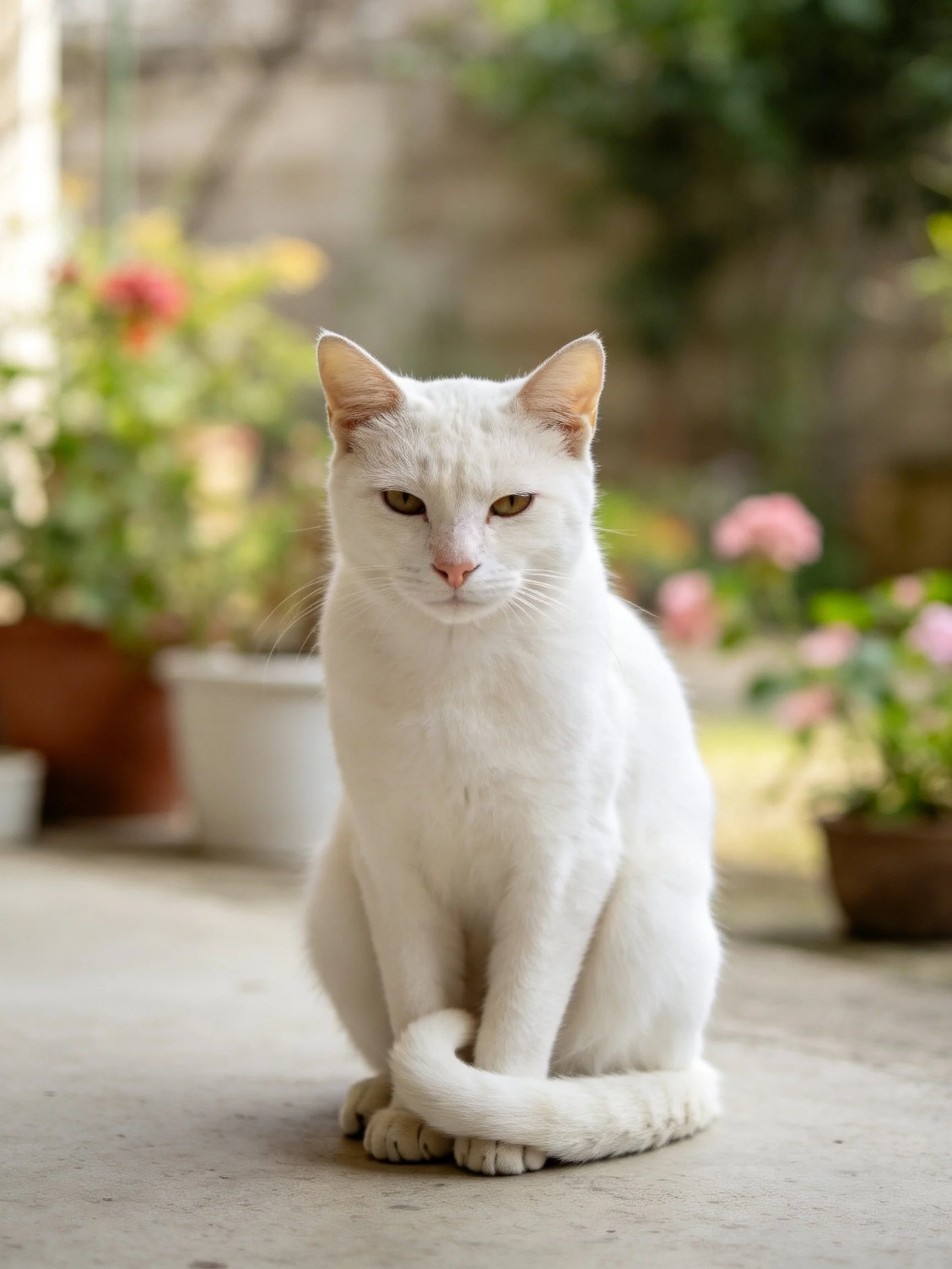 A white cat sits calmly among potted flowers outside
