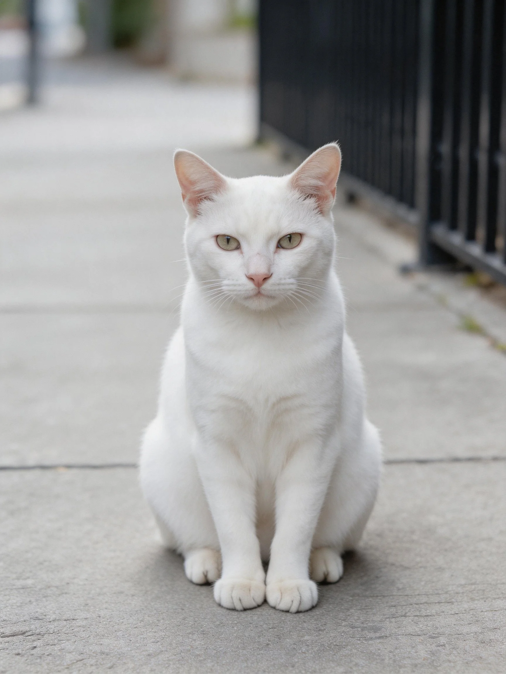 A white cat sits calmly on a concrete sidewalk near a black fence