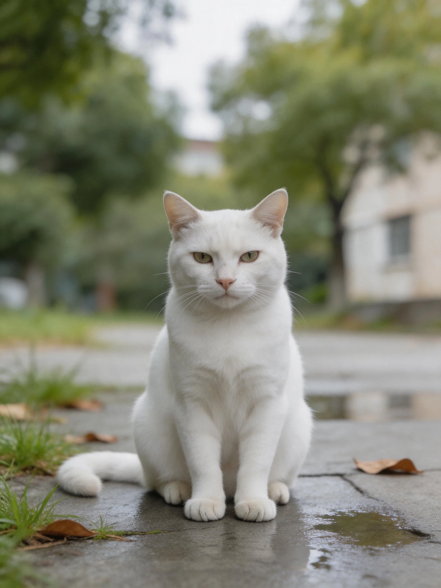 A white cat sits calmly on a wet pavement beside greenery and a building