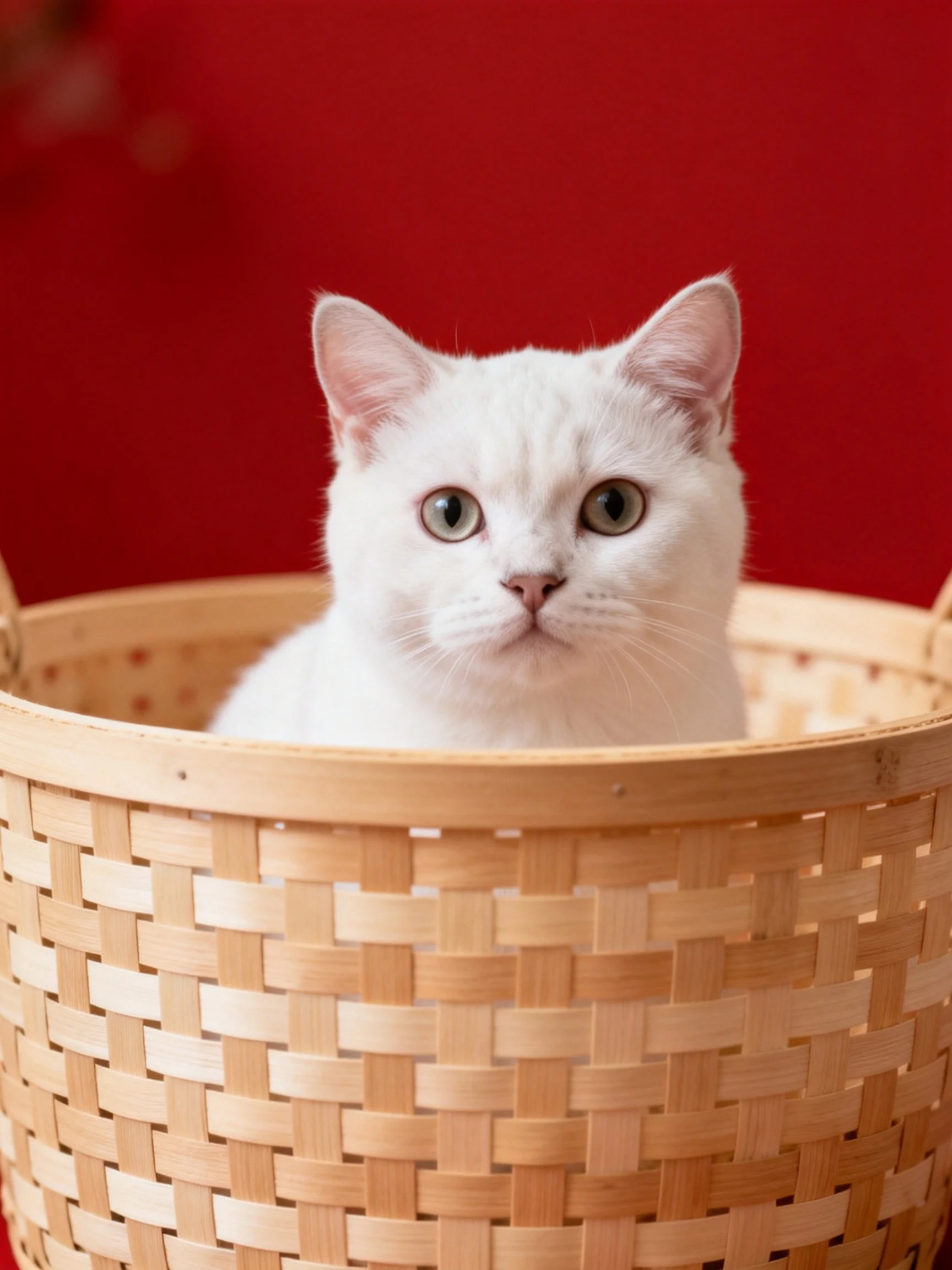 A white cat sits in a woven bamboo basket against a red backdrop