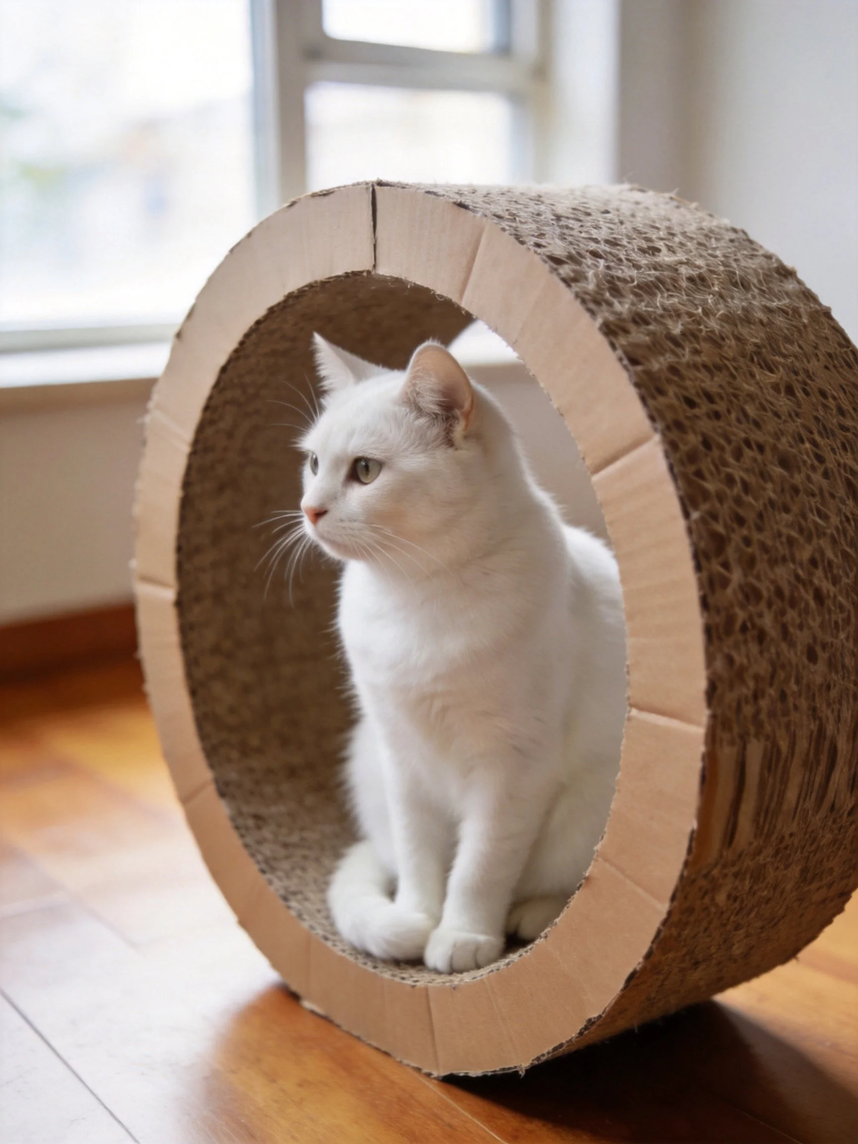 A white cat sits inside a large cardboard tunnel near a window