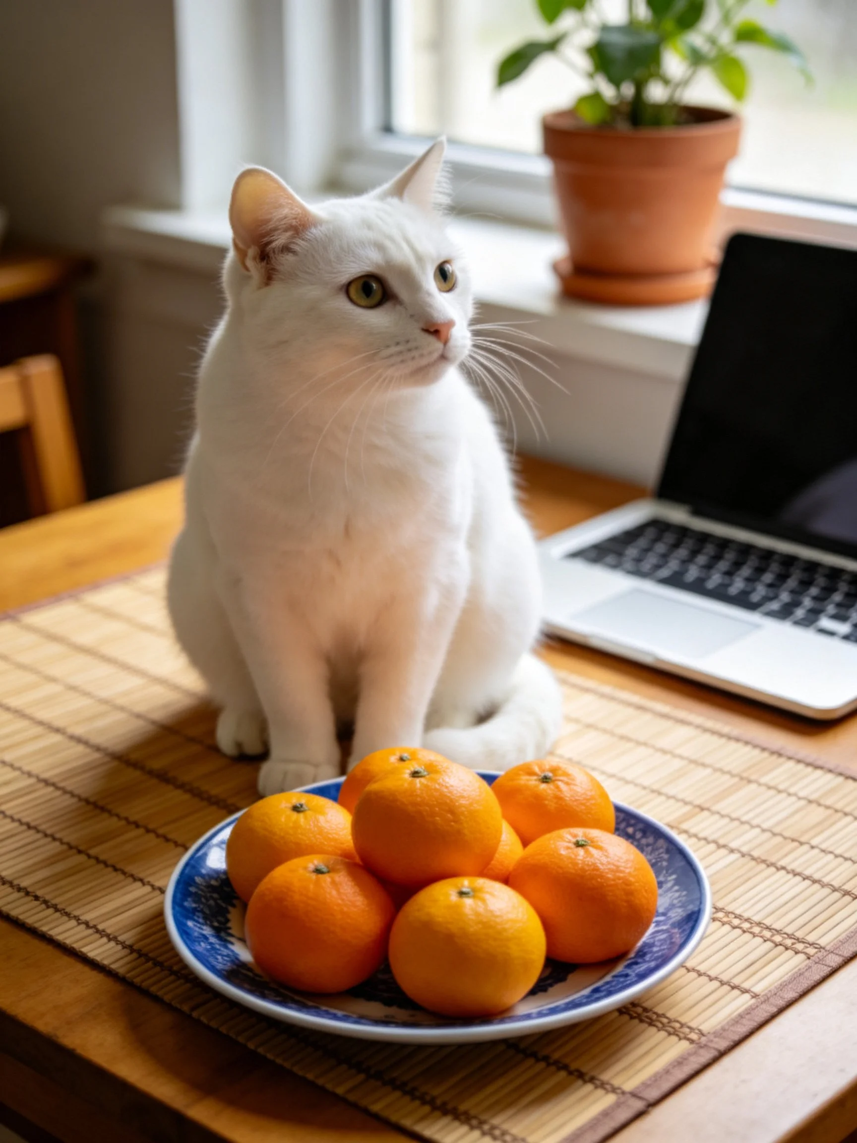 A white cat sits near a plate of oranges next to a laptop in a cozy room