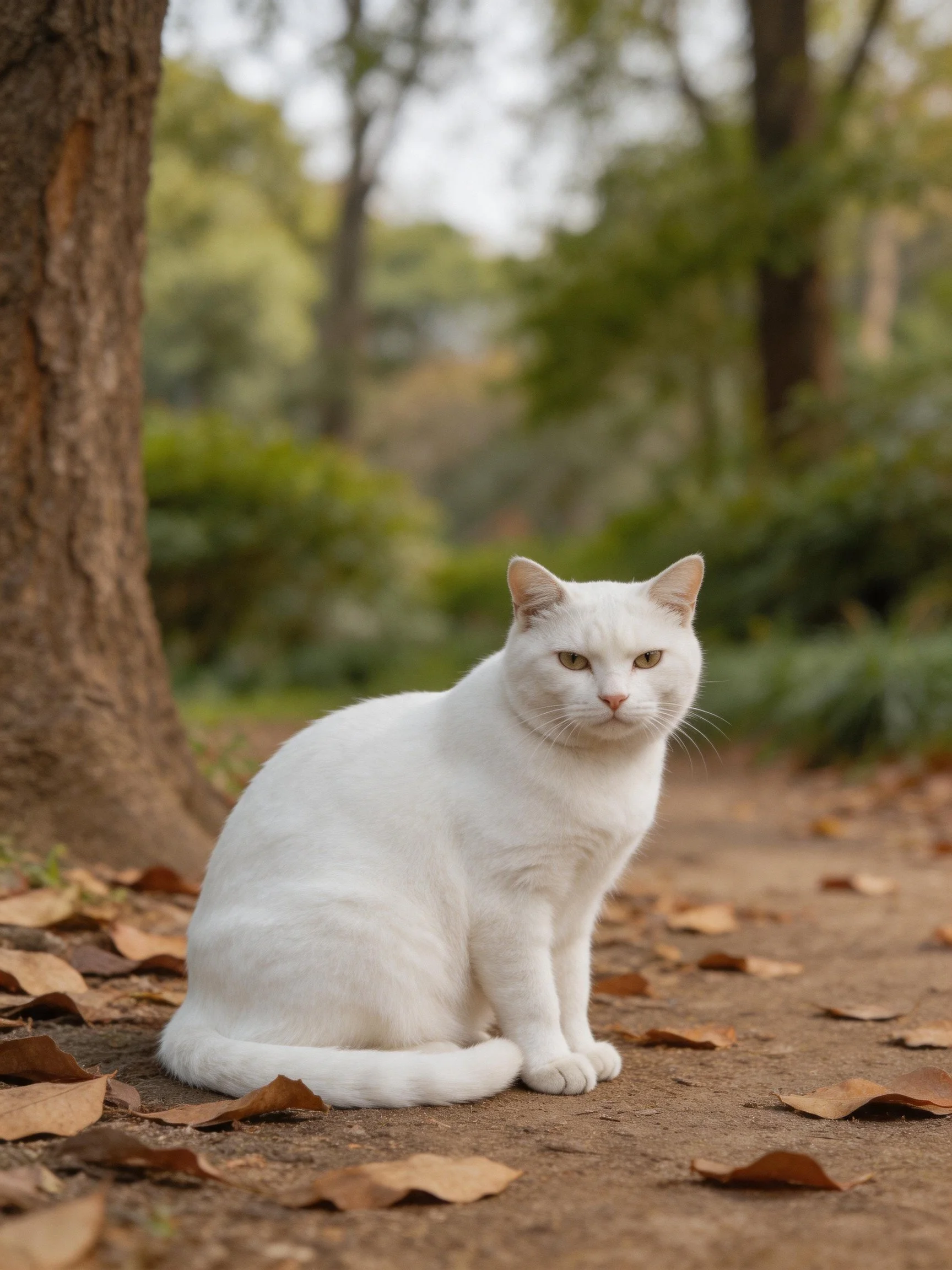 A white cat rests near a tree among fallen leaves in a wooded area.