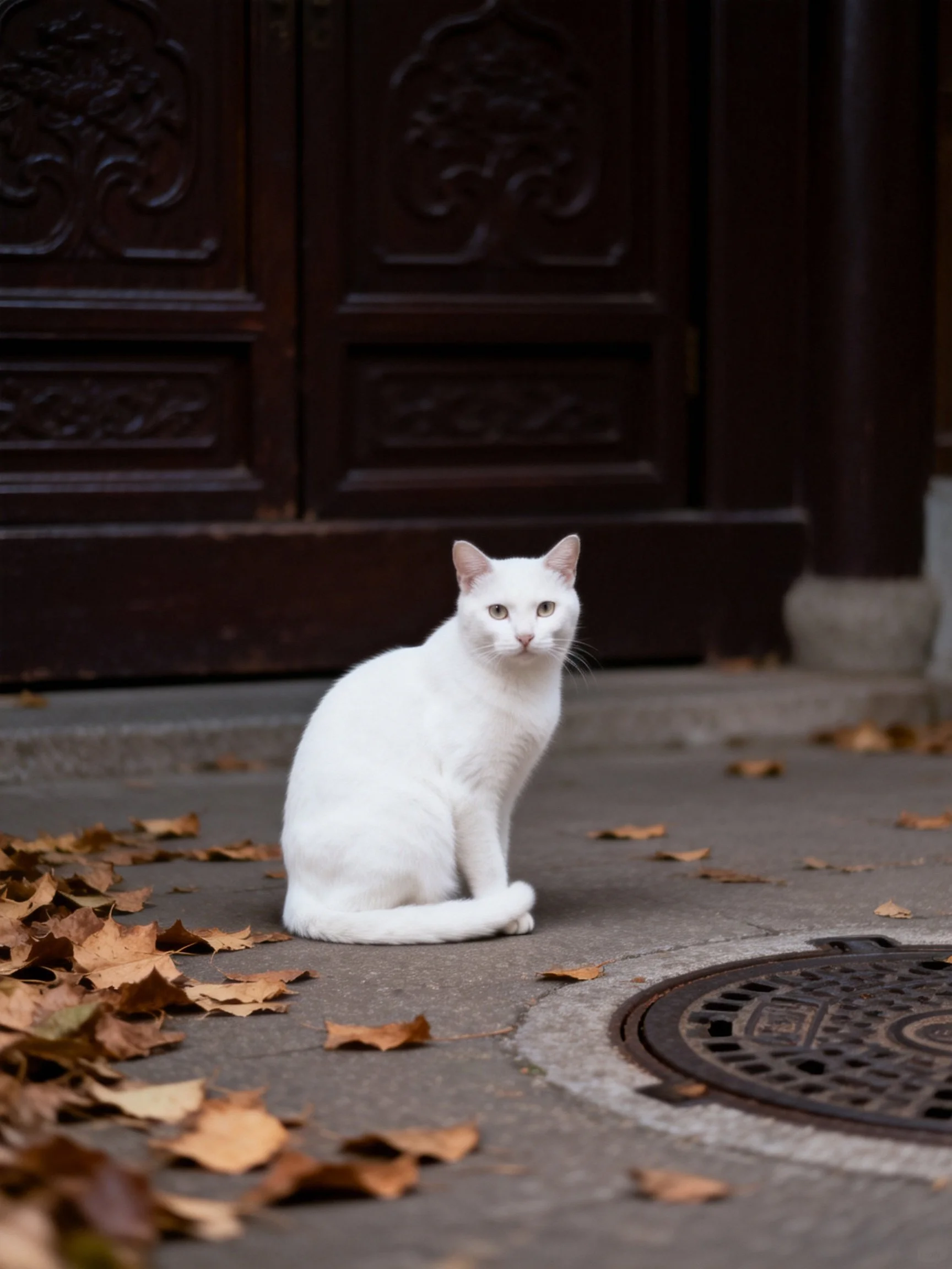 A white cat sits near dark wooden doors with scattered autumn leaves