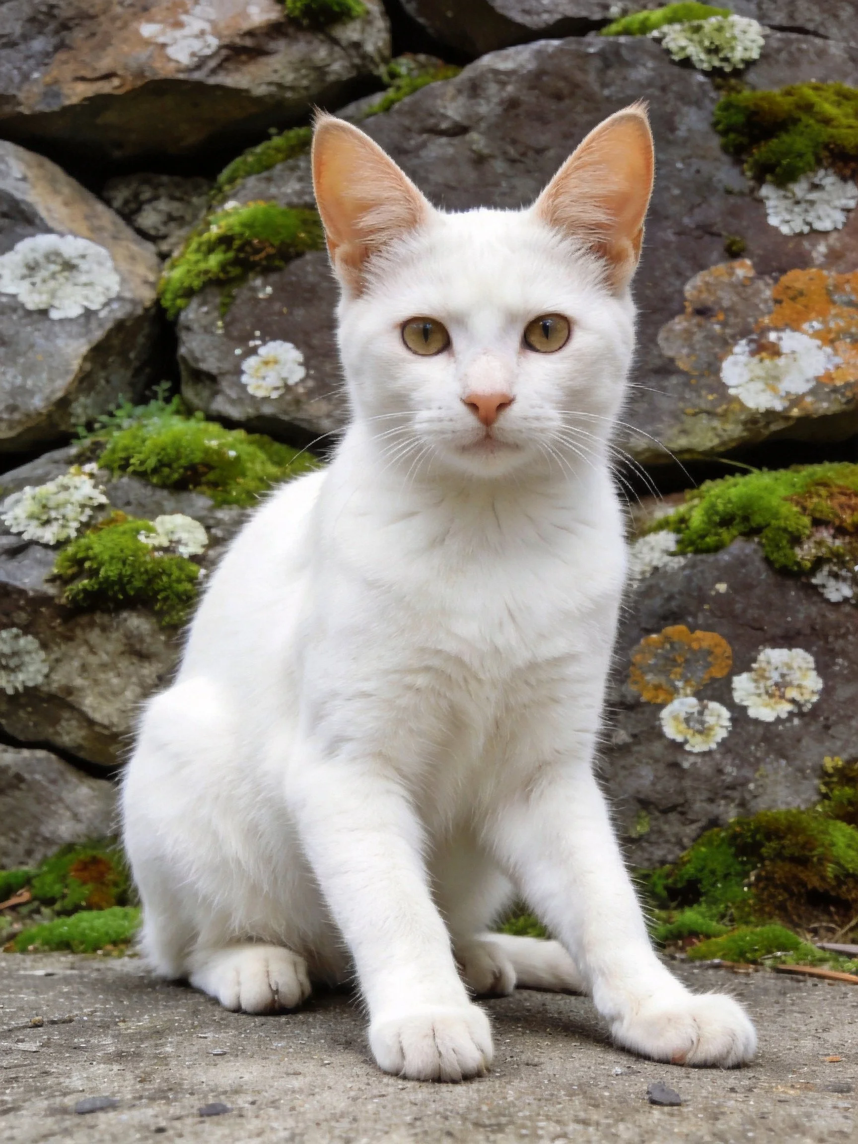 A white cat sits near moss-covered stone formations