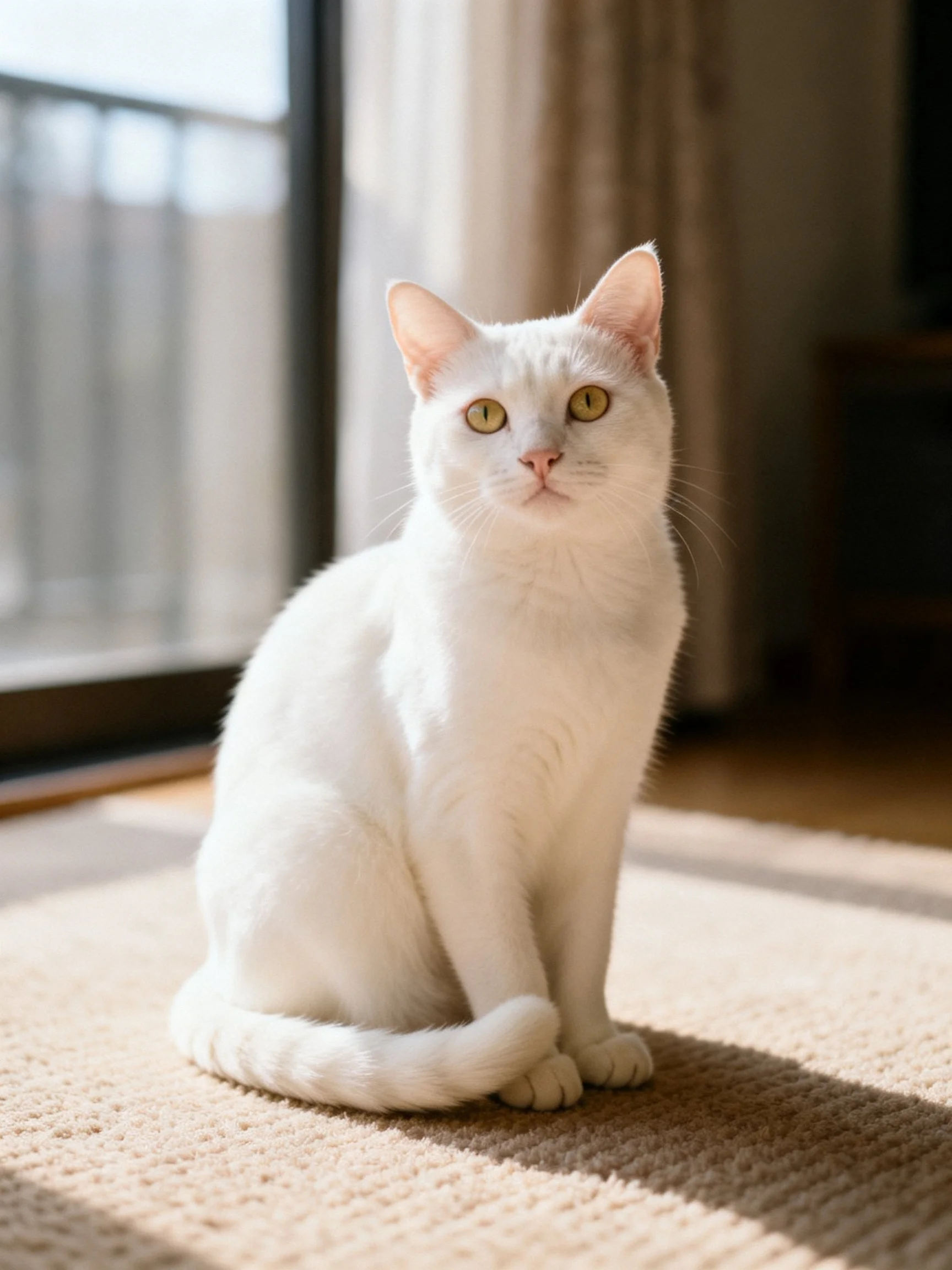 A white cat sits on a beige rug near a large window