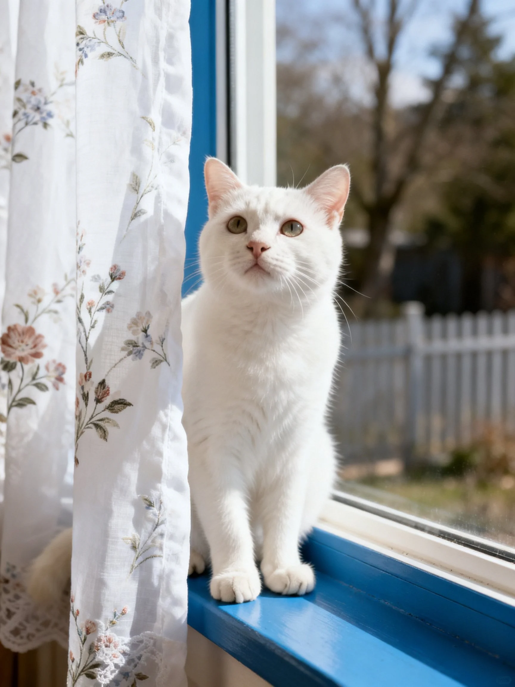 A white cat sits on a blue windowsill by a floral curtain