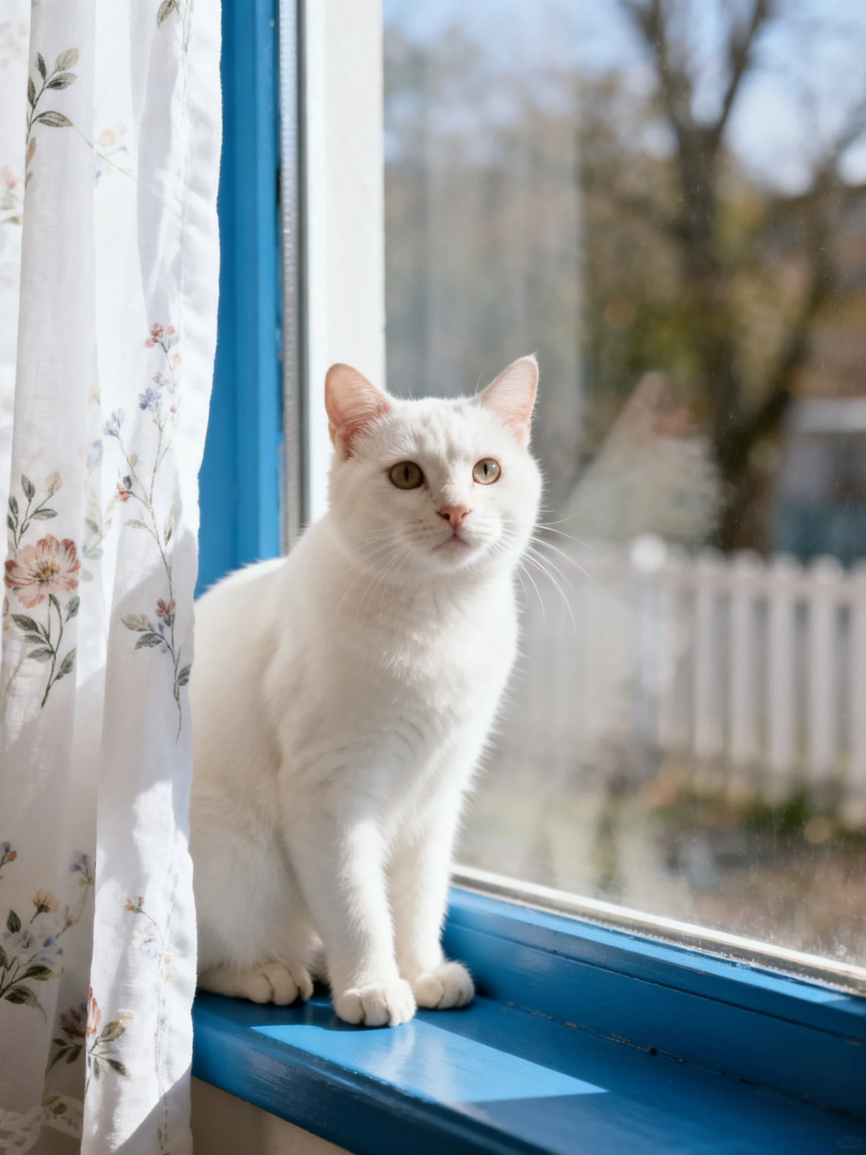 A white cat sits on a blue windowsill with a floral curtain nearby.