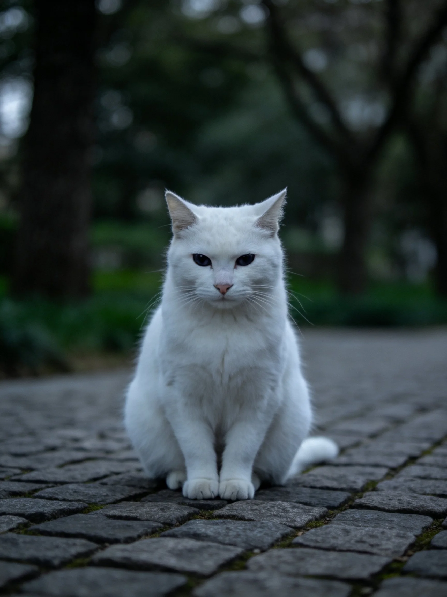 A white cat sits on a cobblestone path near dark green trees