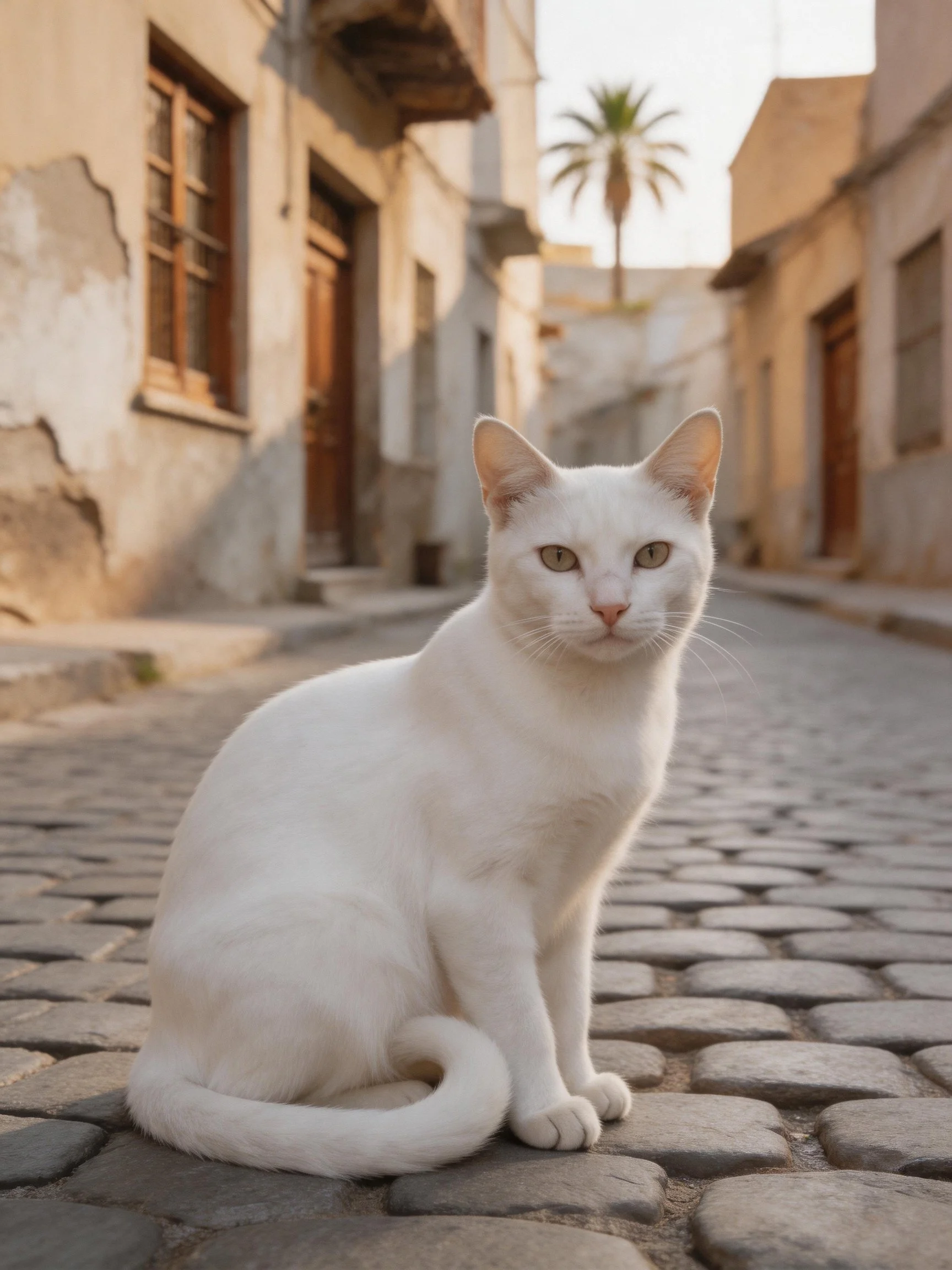 A white cat sits on a cobblestone street between aged buildings