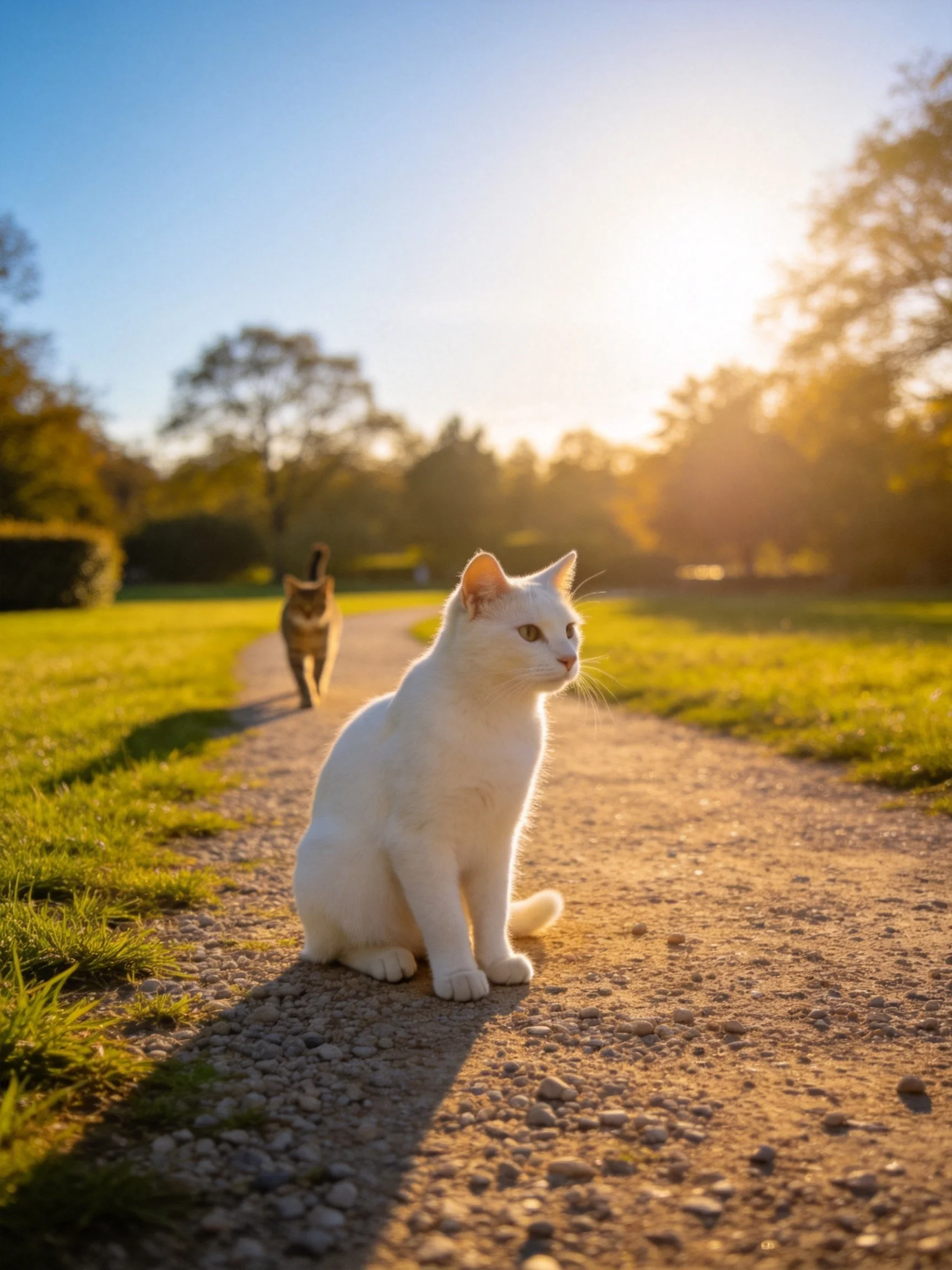 A white cat sits on a gravel path with a brown cat approaching under golden sunlight