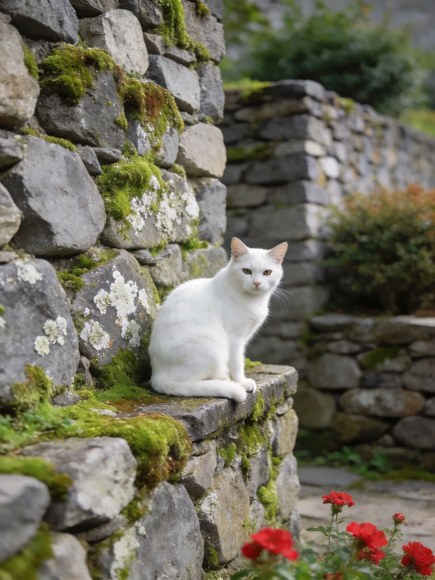 A white cat sits on a mossy stone wall in a garden with red flowers.