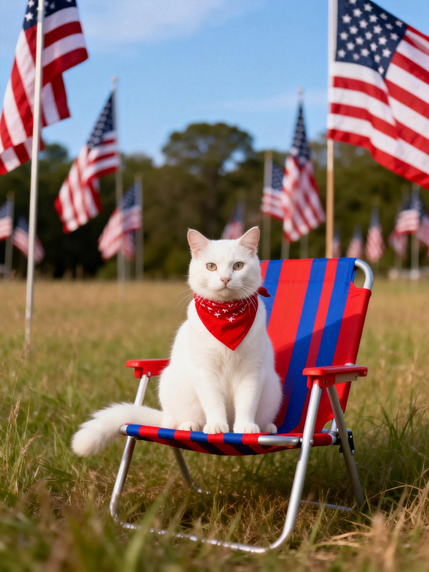 A white cat sits on a red-blue striped chair amid many American flags