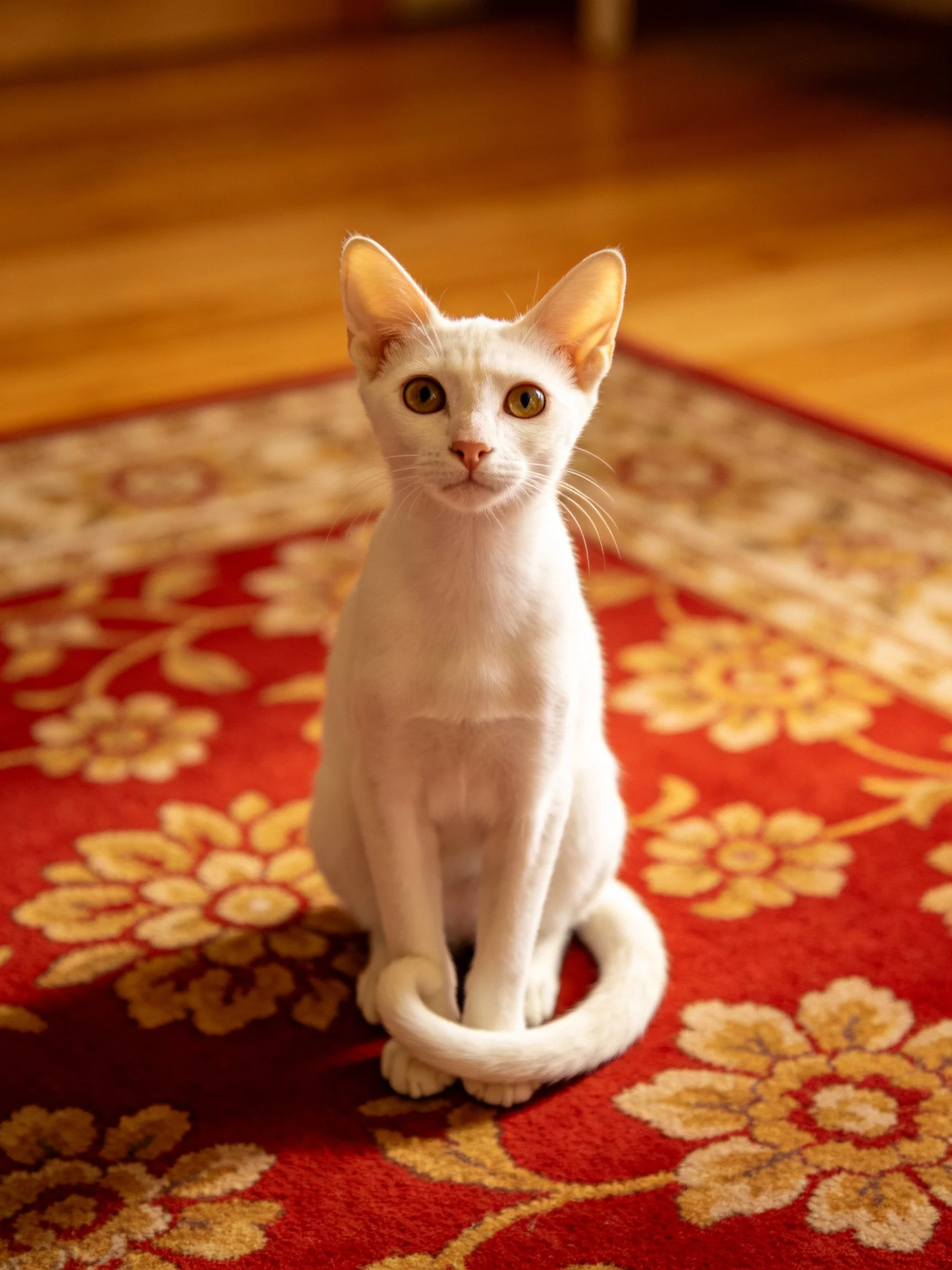 A white cat sits on a red floral-patterned rug indoors