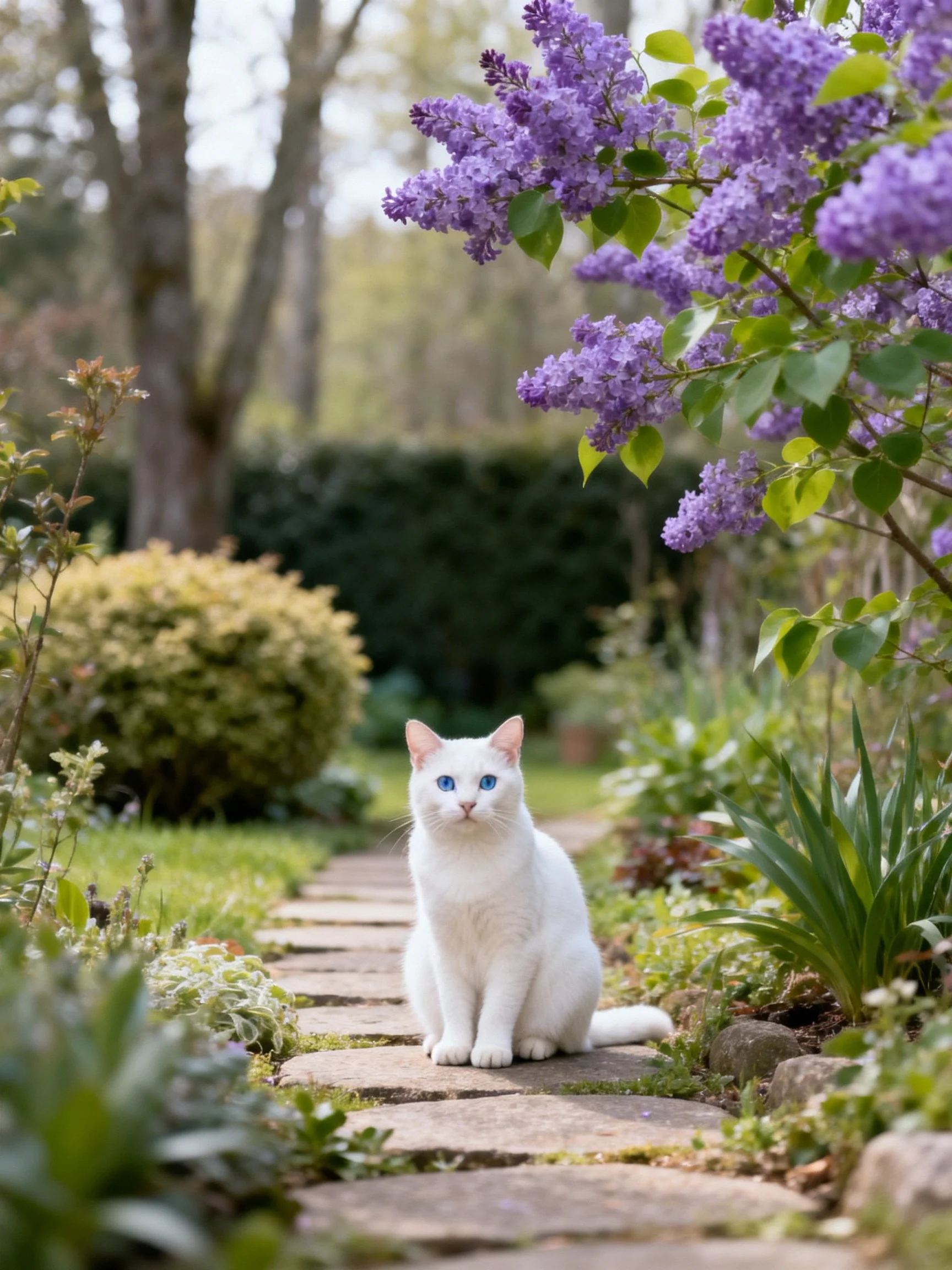 A white cat sits on a stone pathway surrounded by blooming purple flowers in a garden.