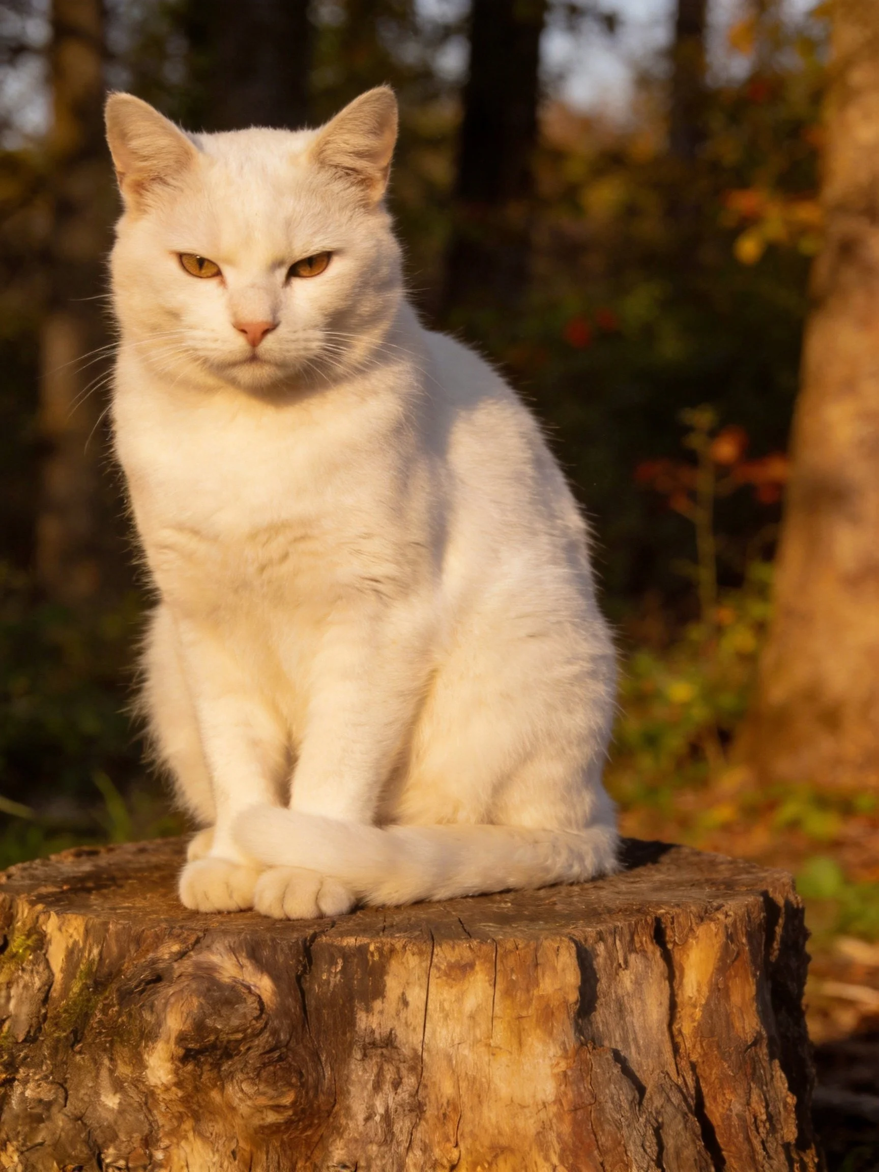 A white cat sits calmly on a tree stump in a sunlit forest
