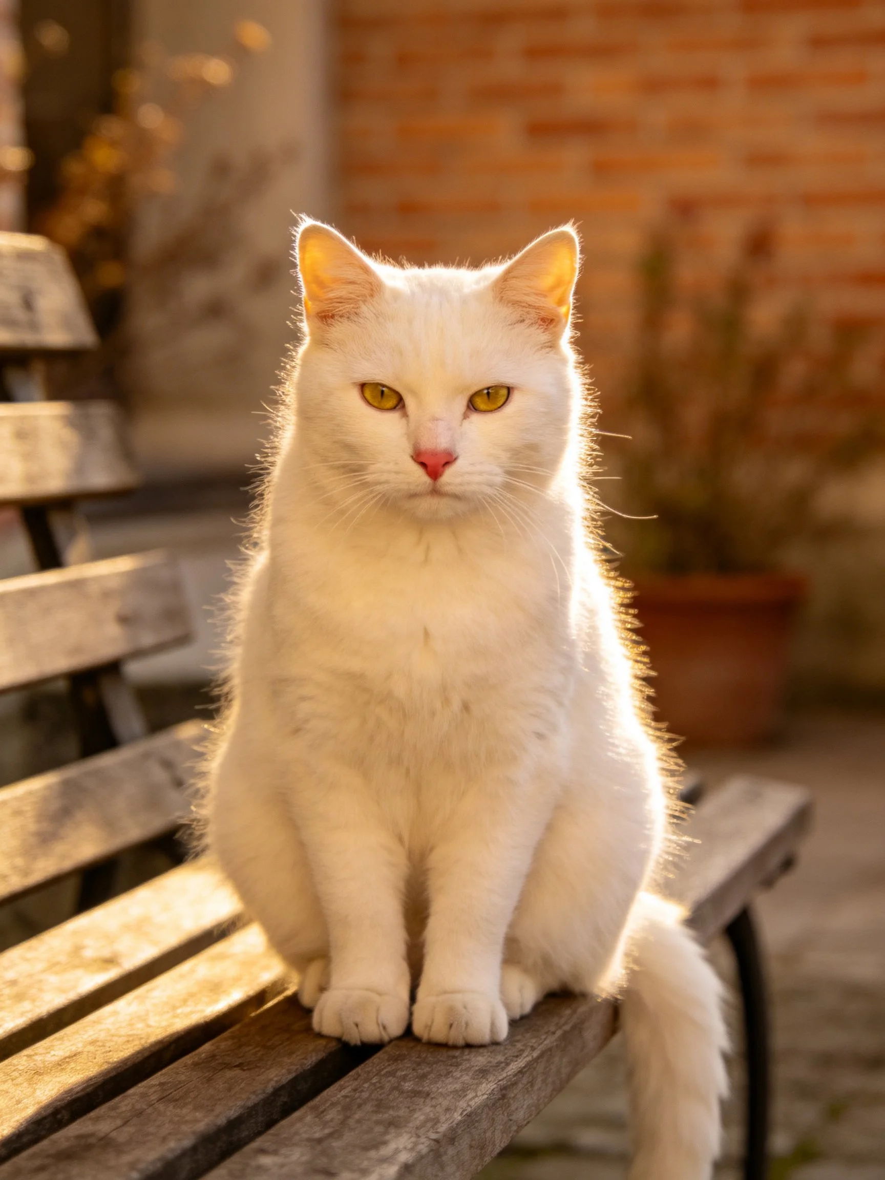 A white cat sits on a weathered wooden bench near a brick wall