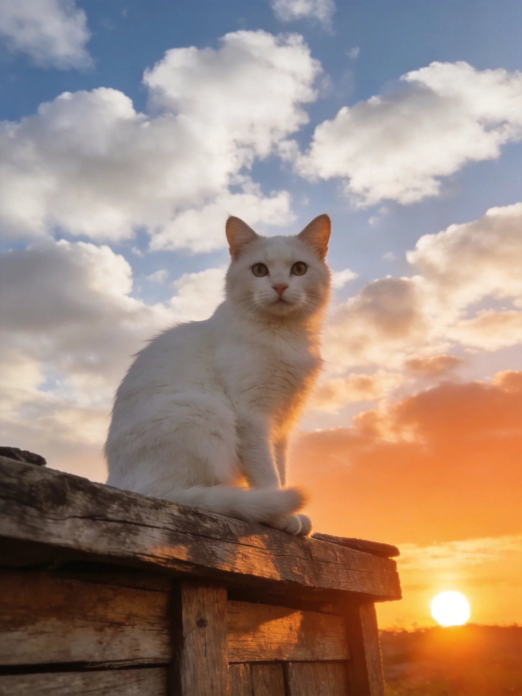 A white cat sits on a weathered wooden structure during a vibrant sunset