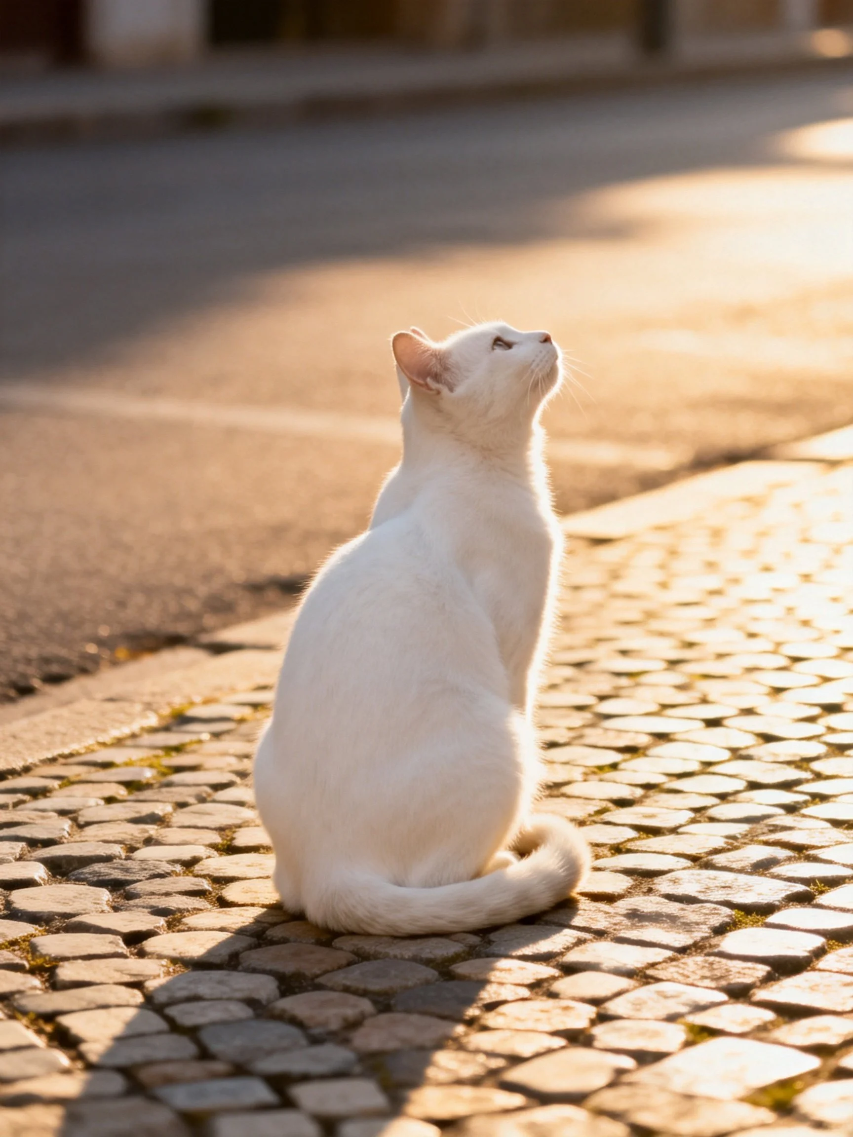 A white cat sits on cobblestones bathed in golden sunlight