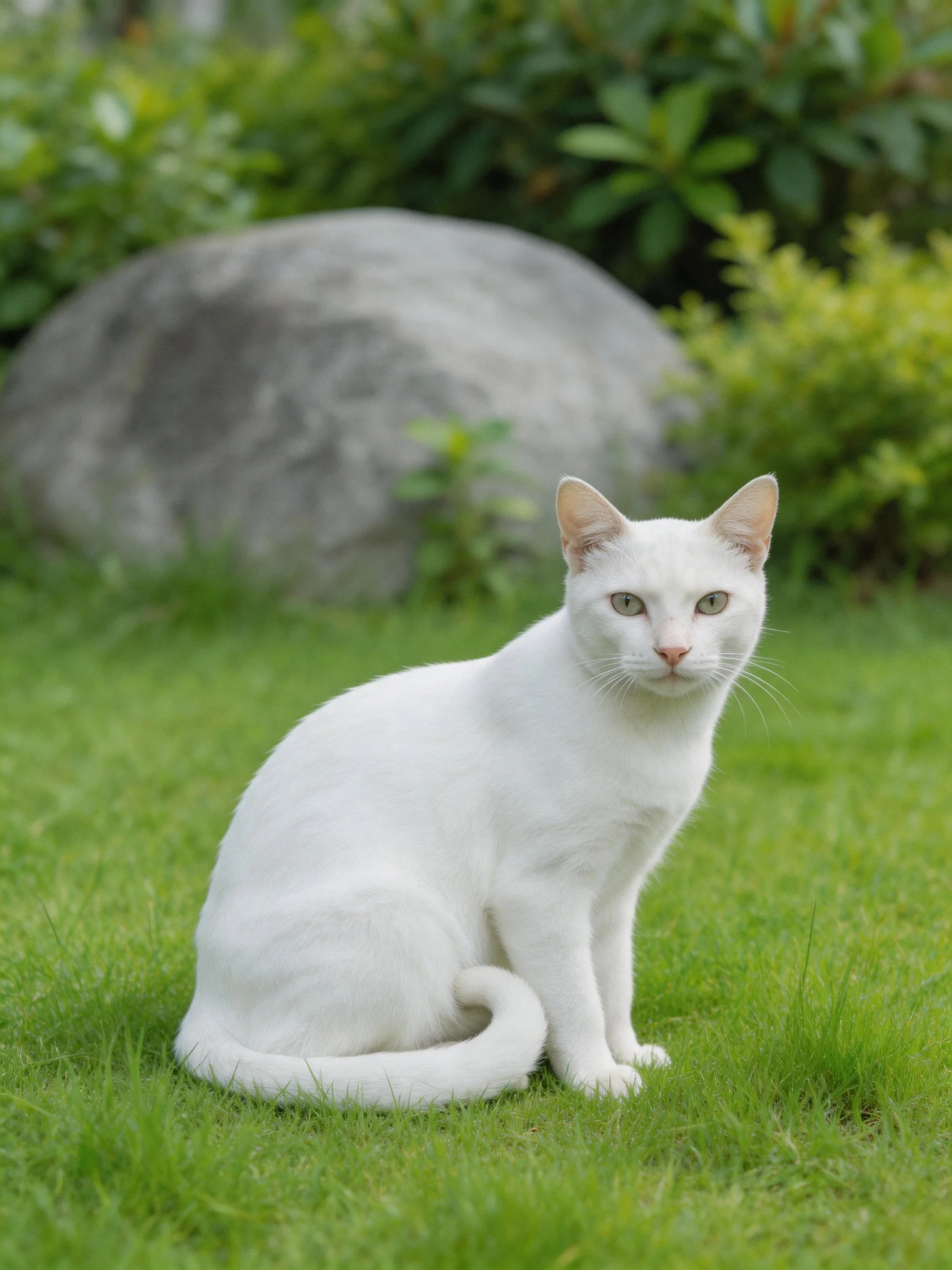 A white cat sits on green grass near large rocks in a garden.