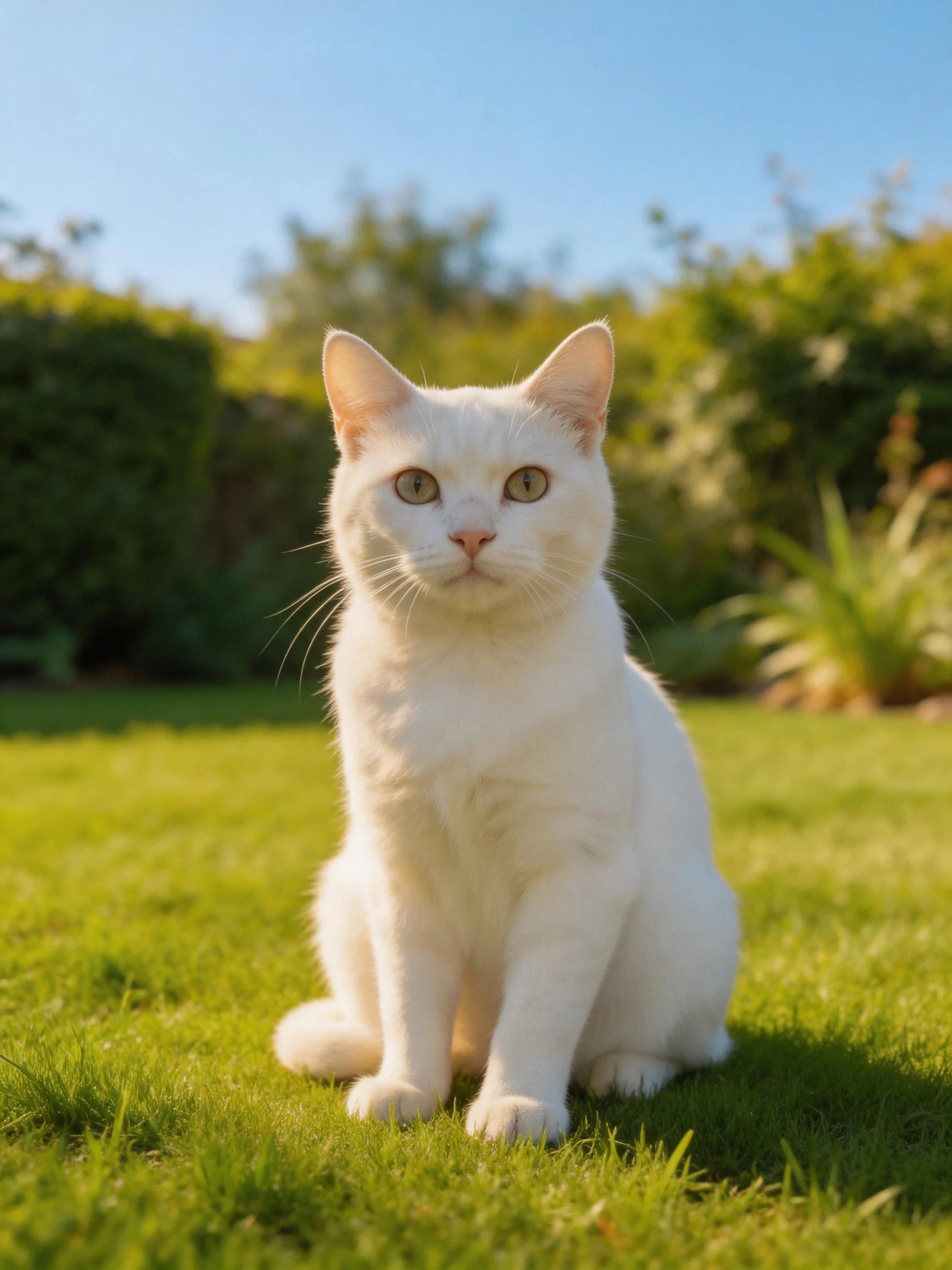 A white cat sits on lush green grass in a sunny garden