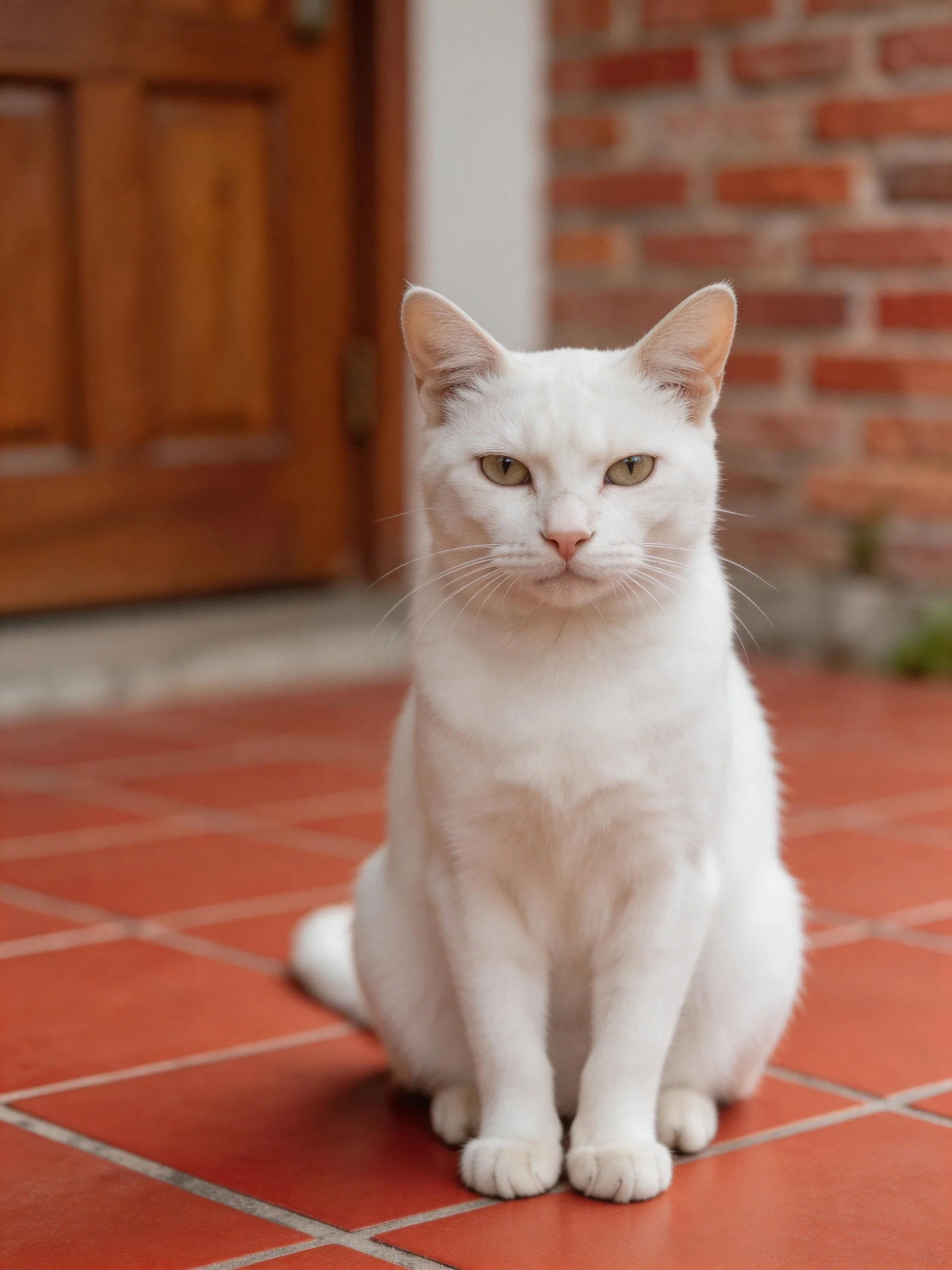 A white cat sits on red tiles near a wooden door and brick wall
