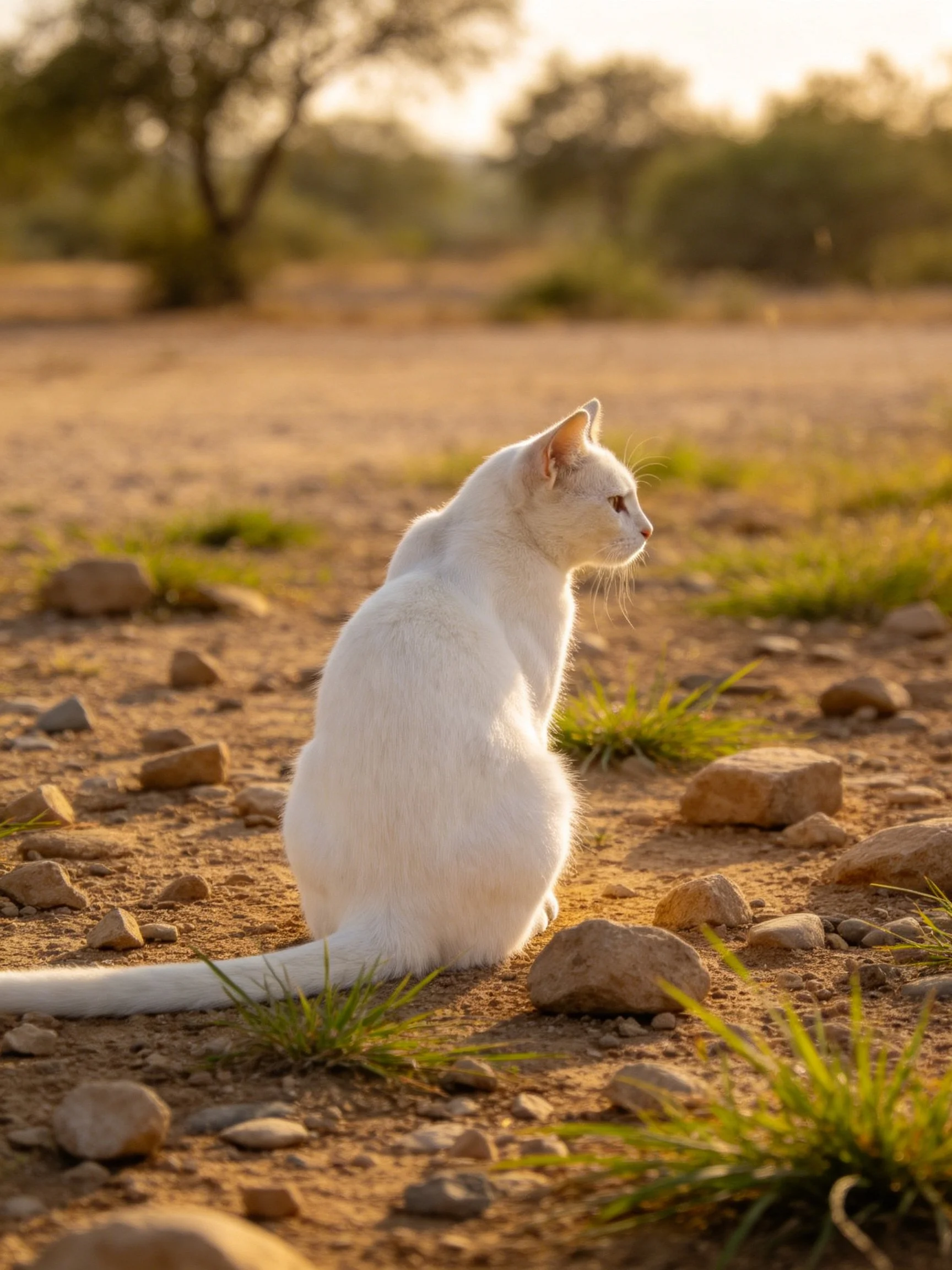 A white cat sits on rocky ground amid scattered stones and grass