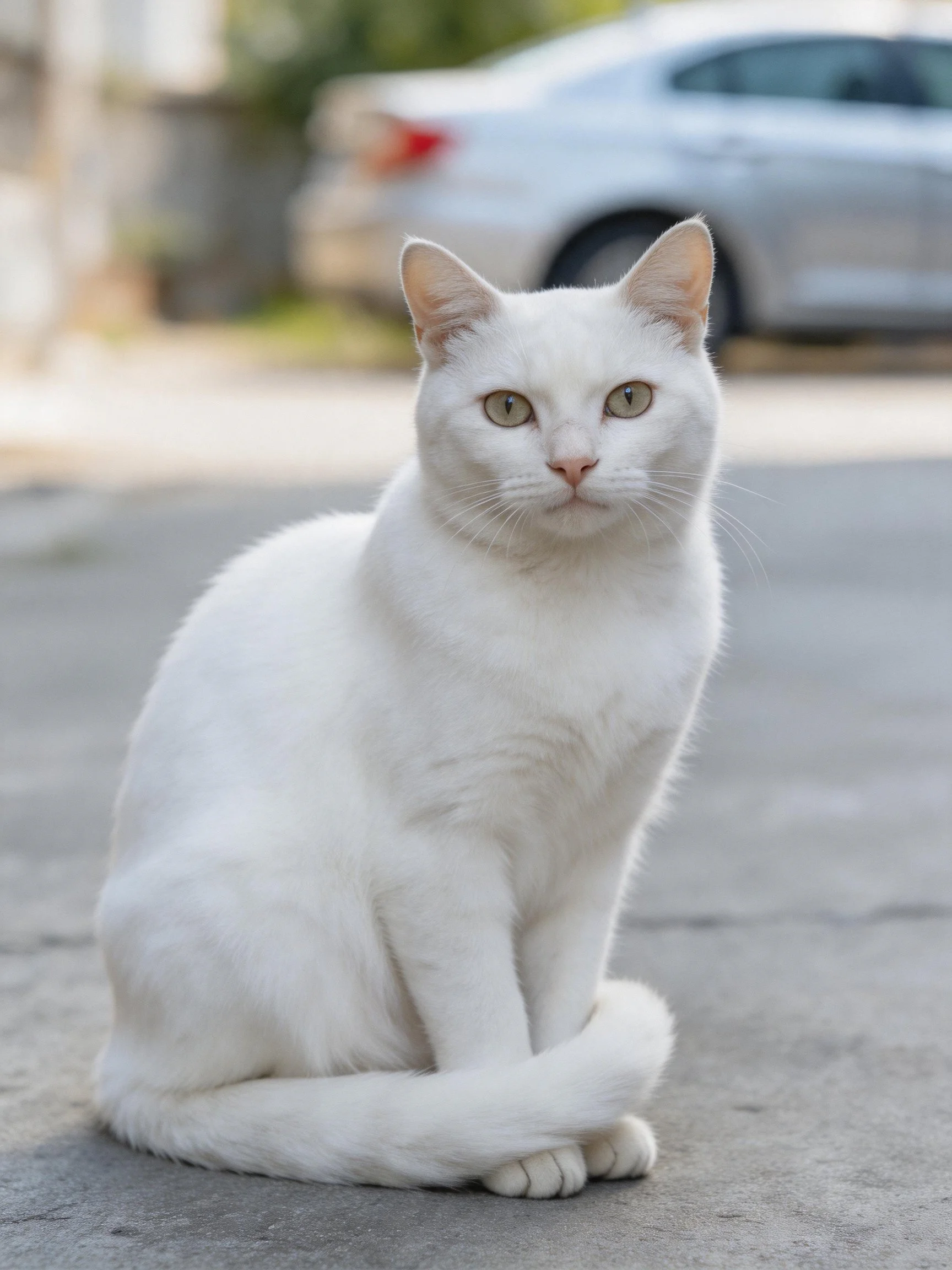A white cat sits poised on a paved road beside a silver car