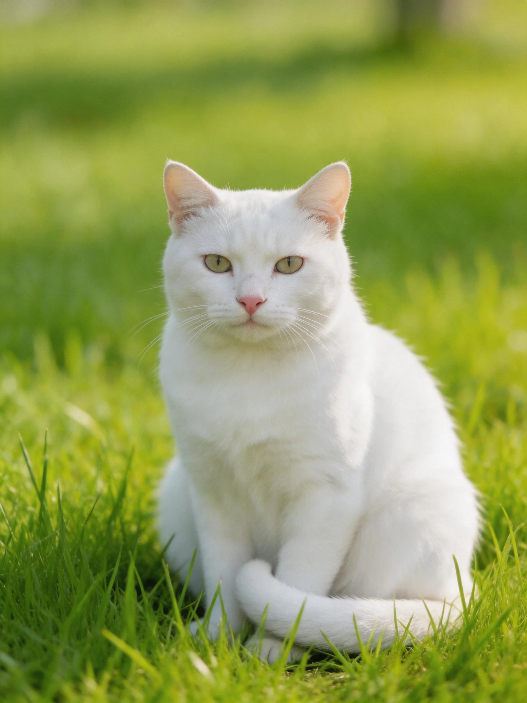 A white cat sits serenely amid lush green grass
