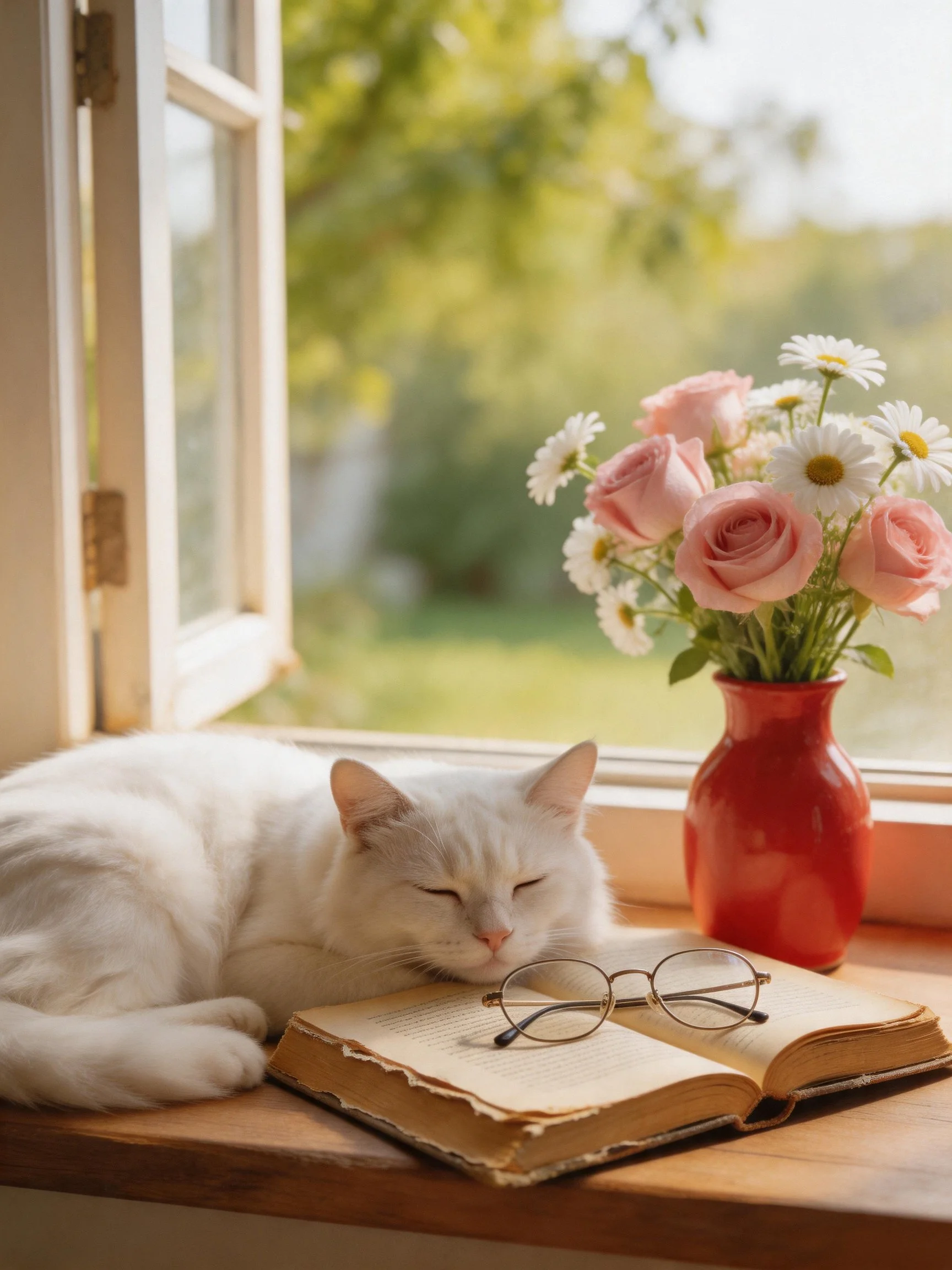 A white cat relaxes by an open book with flowers on a sunny windowsill.