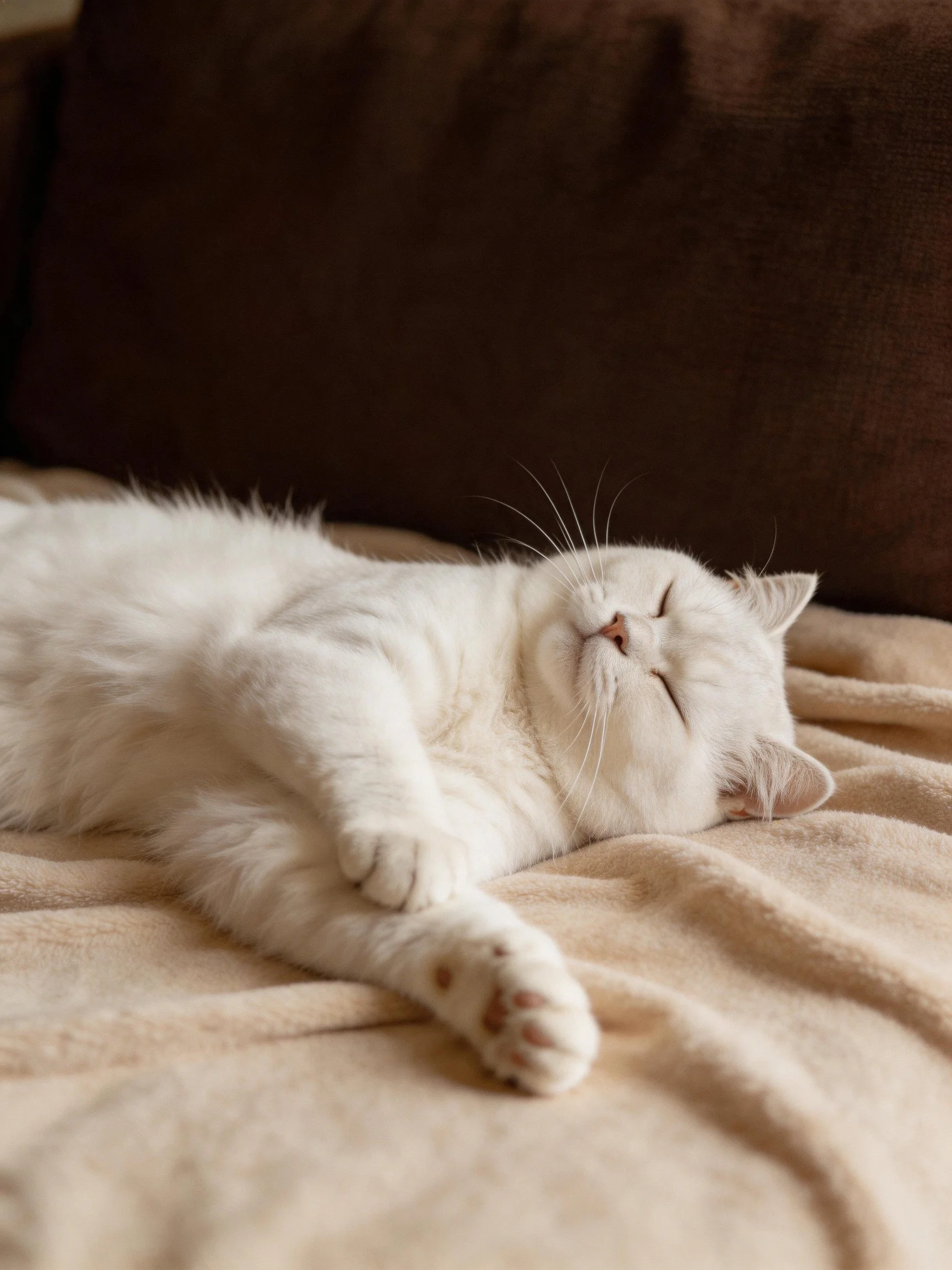 A white cat sleeps on a beige blanket near a dark brown couch