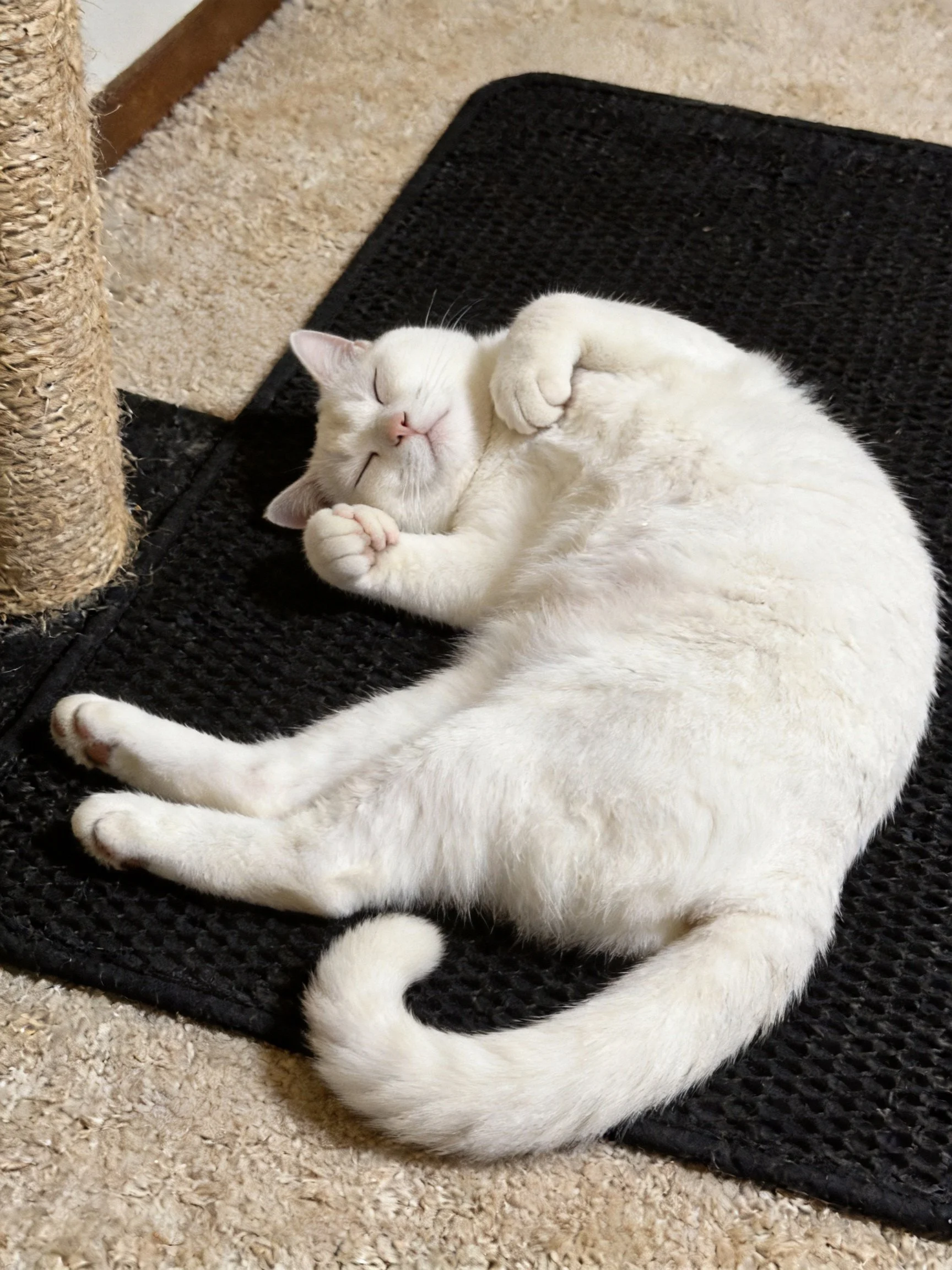 A white cat sleeps on a black mat next to a scratching post