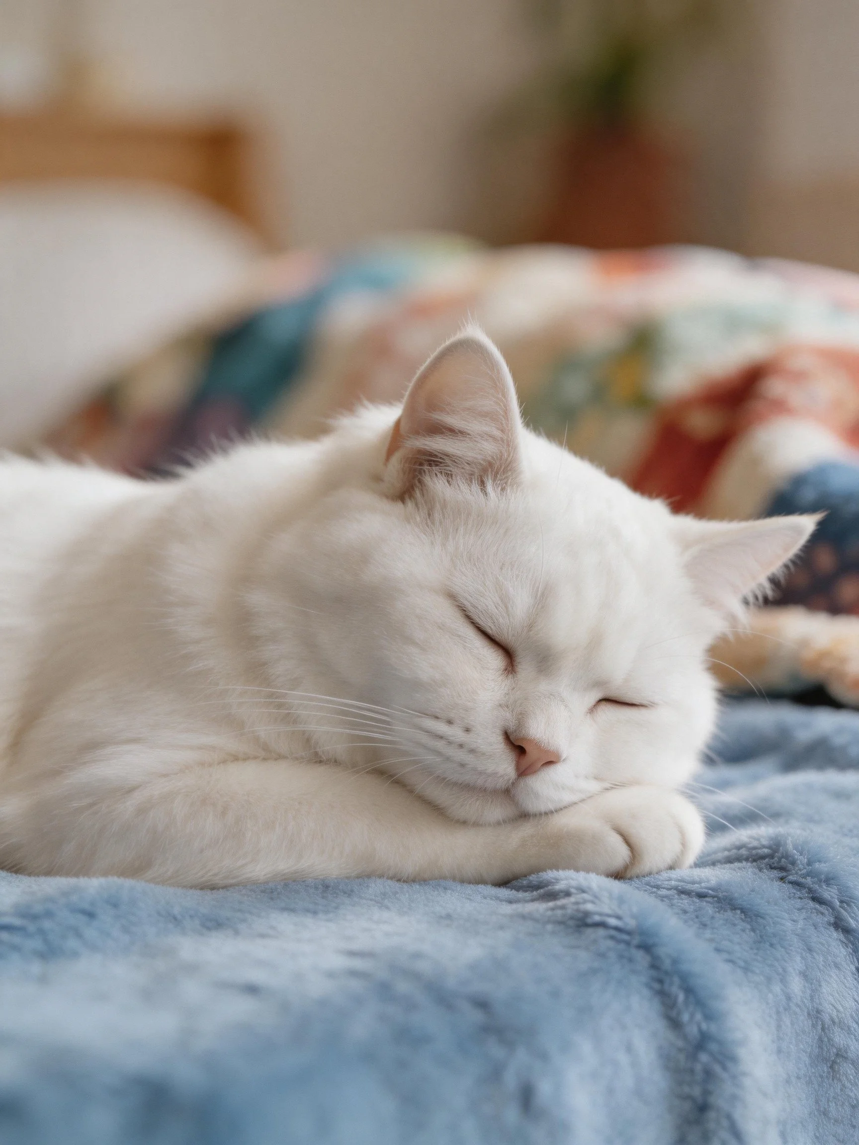 A white cat sleeps on a blue blanket near a multicolored quilt