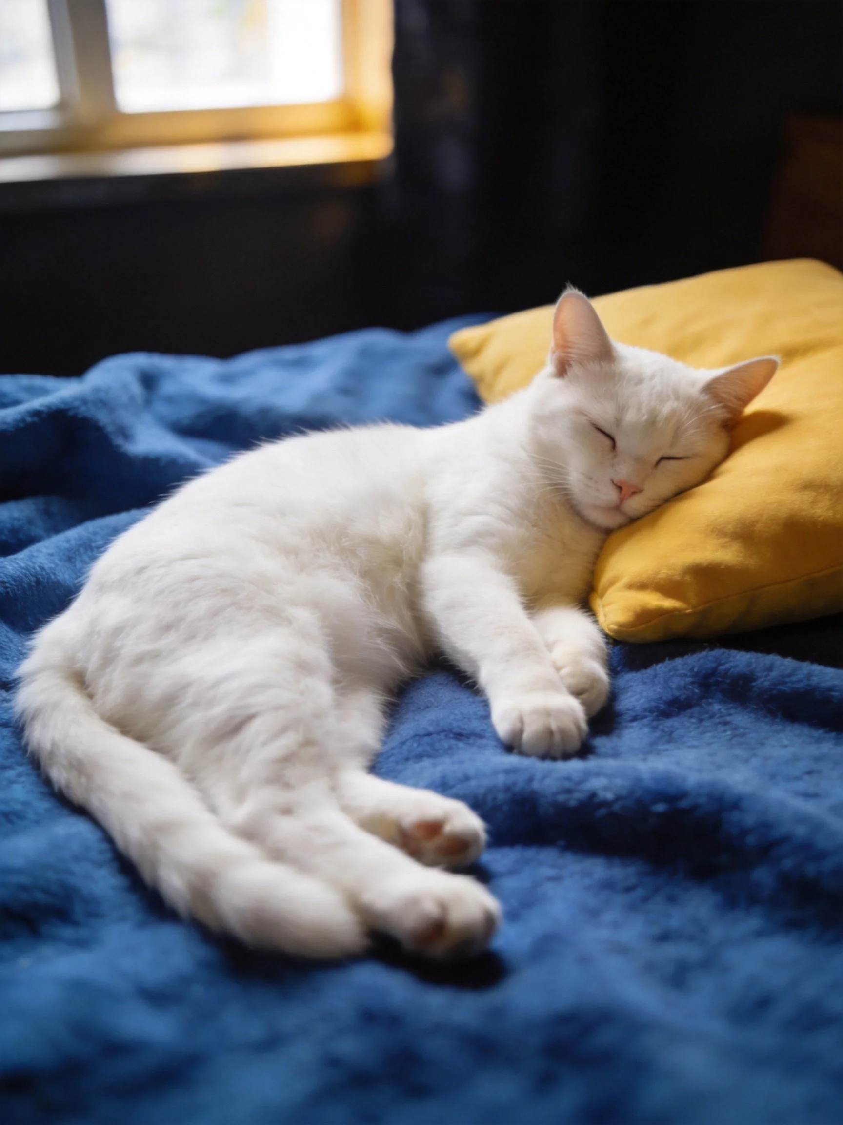 A white cat sleeps on a blue blanket with a yellow pillow