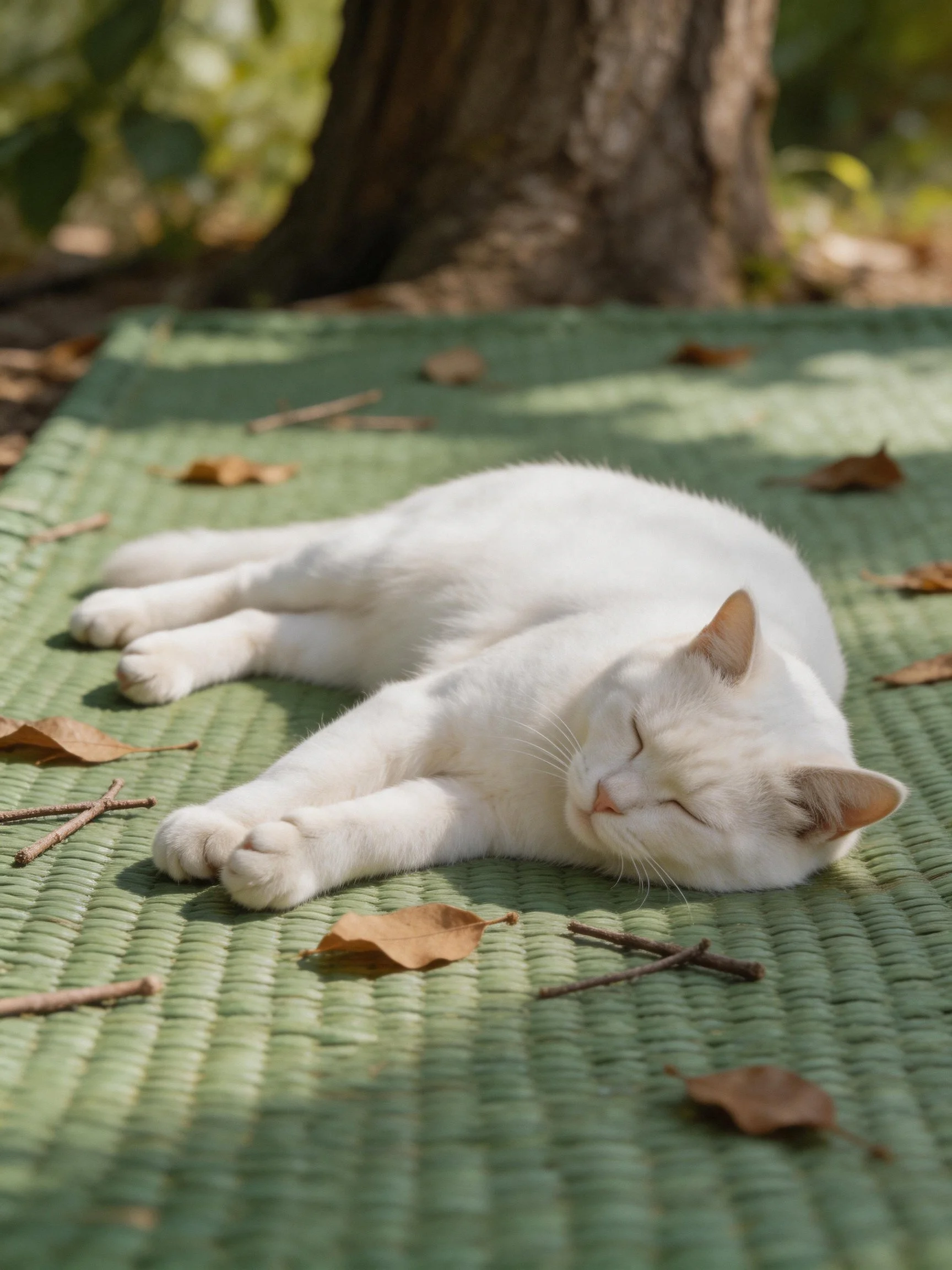 A white cat sleeps on a green woven mat near a tree