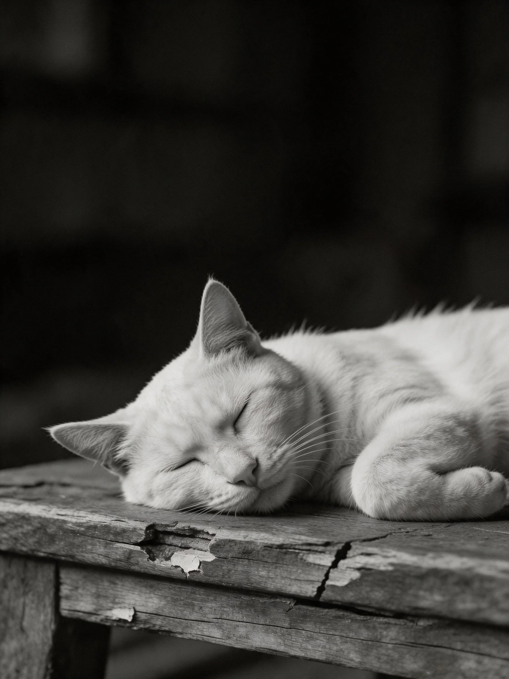 A white cat rests on a weathered wooden surface amid a dark, moody setting.
